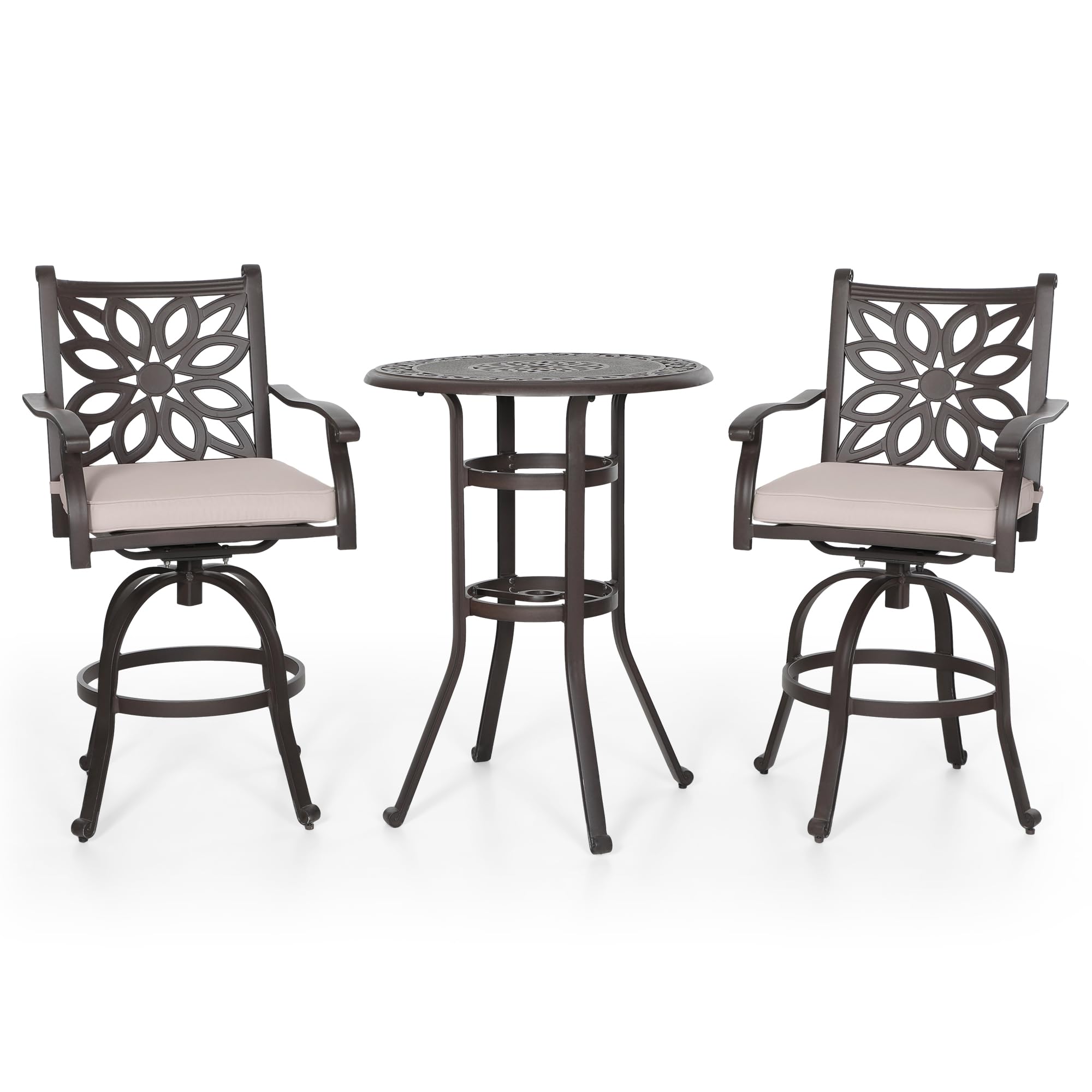 PHI VILLA 3-Piece Outdoor Patio Furniture Set - Swivel Bar Stools & Table, Cast Aluminum Bistro Set for Deck, Lawn, Garden & Backyard - Perfect for Outdoor Dining, Entertaining & Relaxing