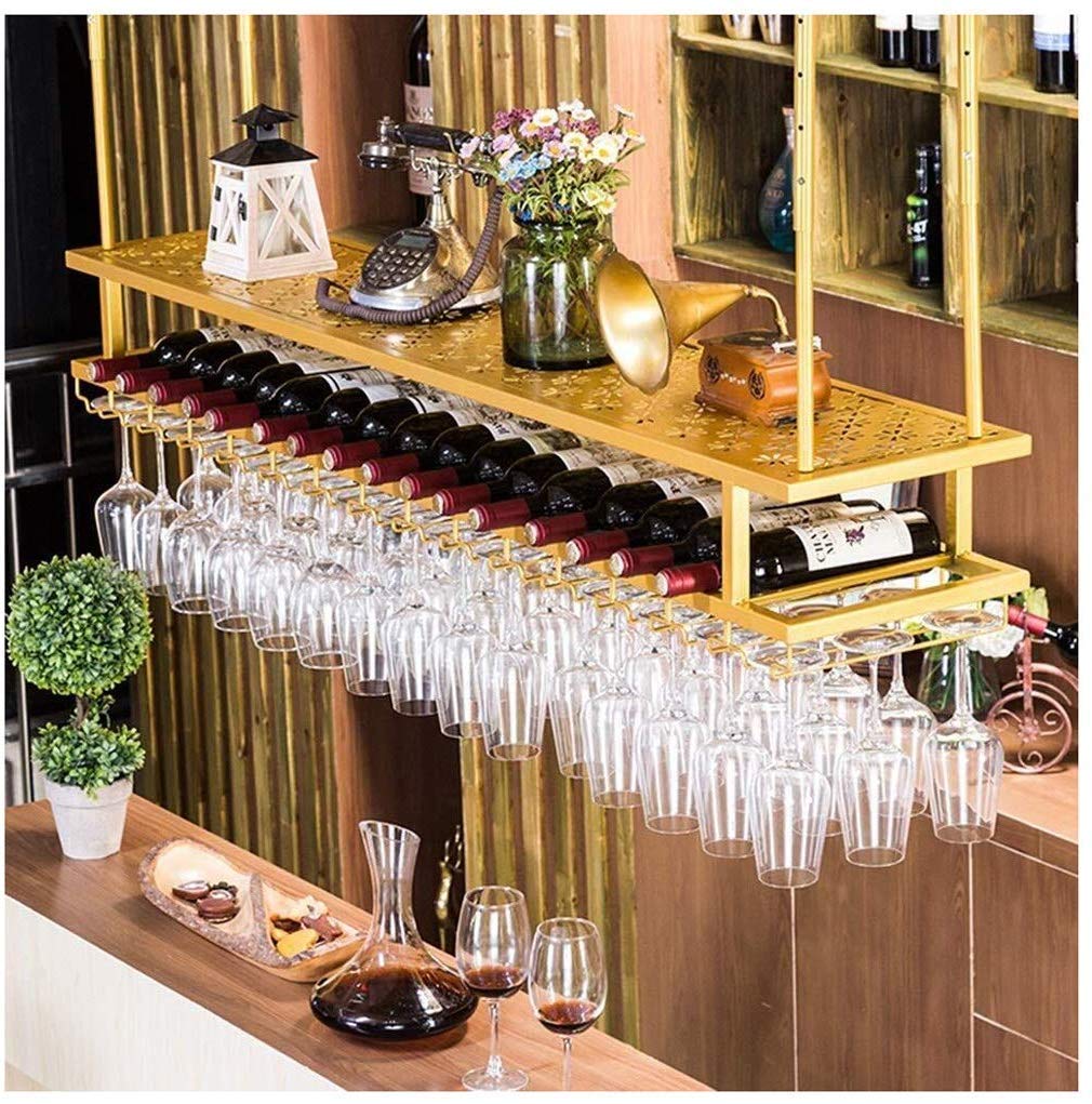 Premium Gold Wall-Mounted Wine Rack - Lefran Hanging Wine Bottle Holder with Glass Storage, Elegant Iron Ceiling Decorative Frame for Kitchen, Bar & Dining Room Decor