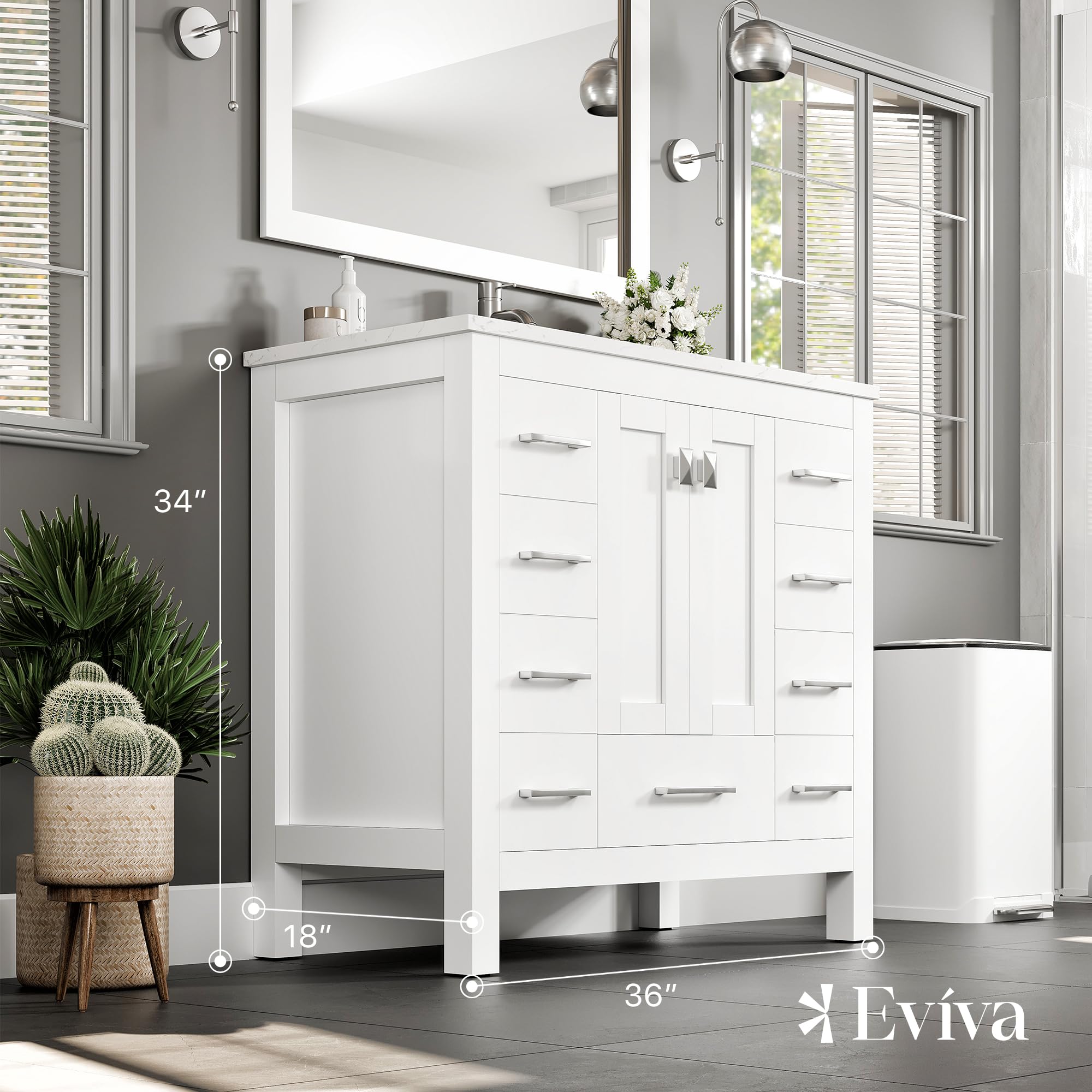 Luxury 36 Inch White Bathroom Vanity with Sink Top - Modern Freestanding Vanity Cabinet with Functional Storage - Perfect for Master Bathrooms, Guest Baths & Small Space Remodels
