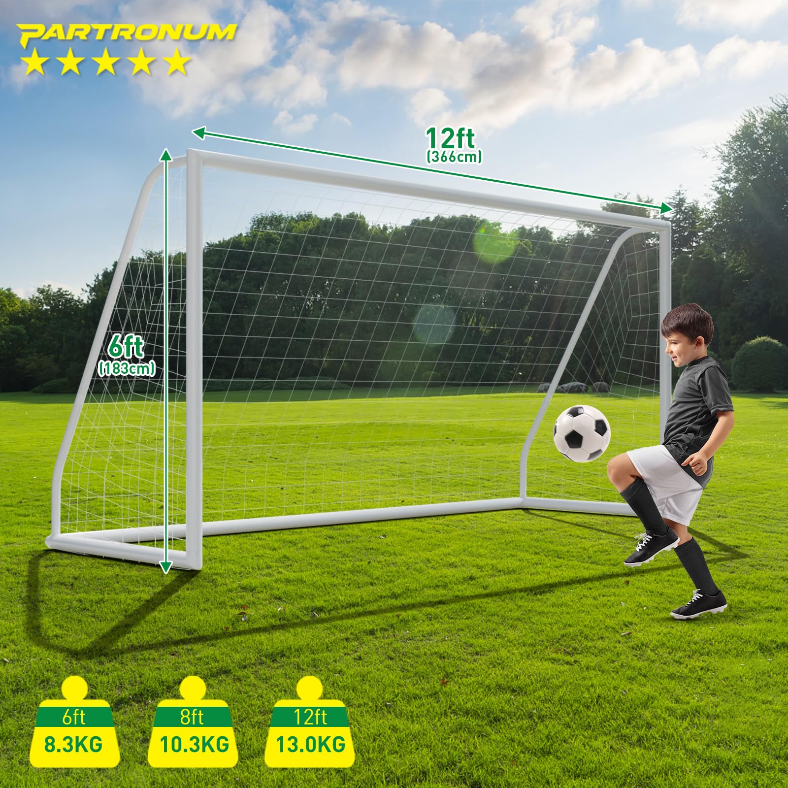 Portable Soccer Goal 12x6FT/10x6.5FT/8x6FT/8x5FT/6x4FT with HPVC Frame & Carry Bag - Full Size Backyard Soccer Net for Training, Practice & Youth Games