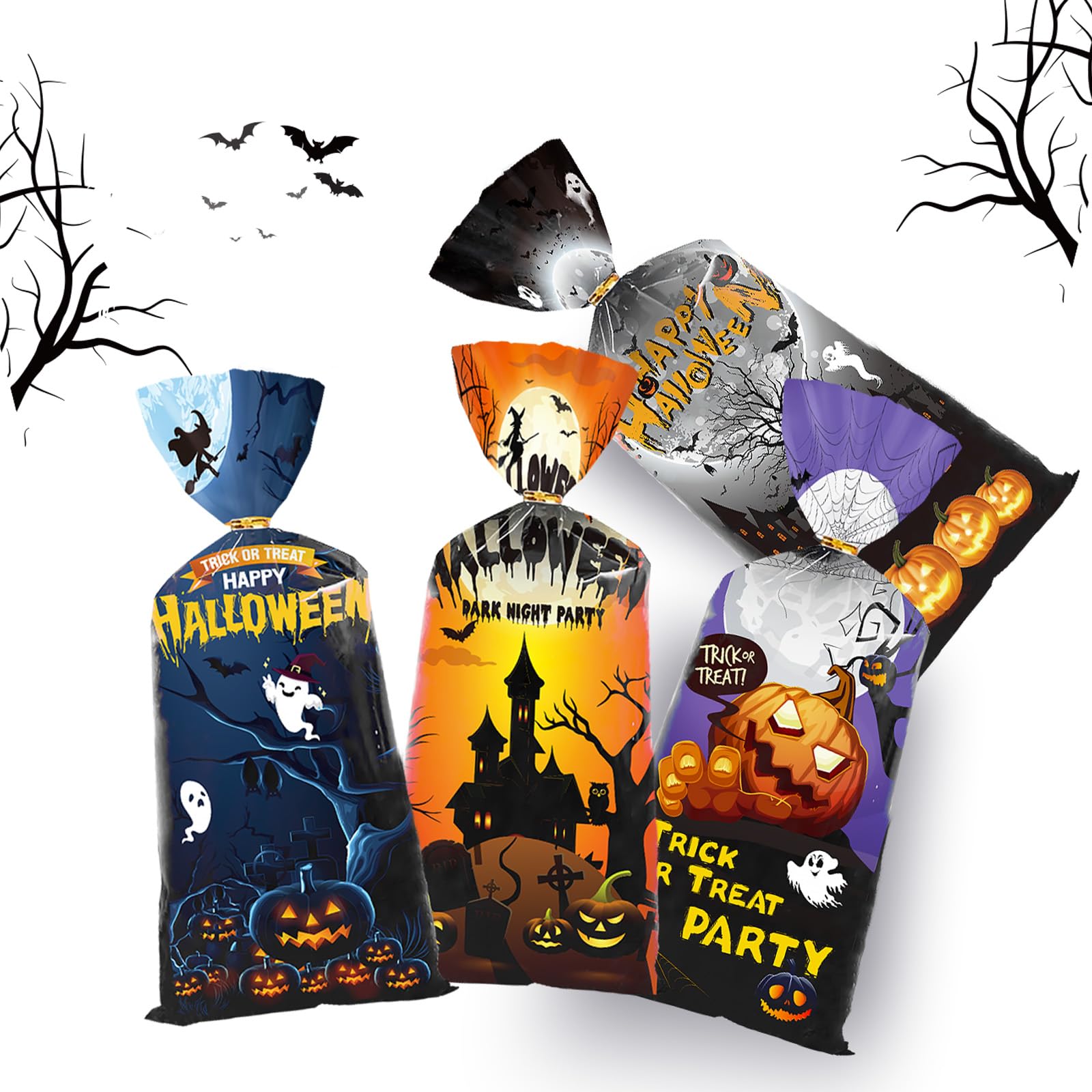 Artby7 Halloween Treat Bags - 50 Pack Scary Design Cellophane Goodie Bags for Trick or Treat, Party Favors & Candy Storage | Pumpkin, Witch & Ghost Themed | Perfect for Halloween Parties, Classroom Treats & Spooky Decorations