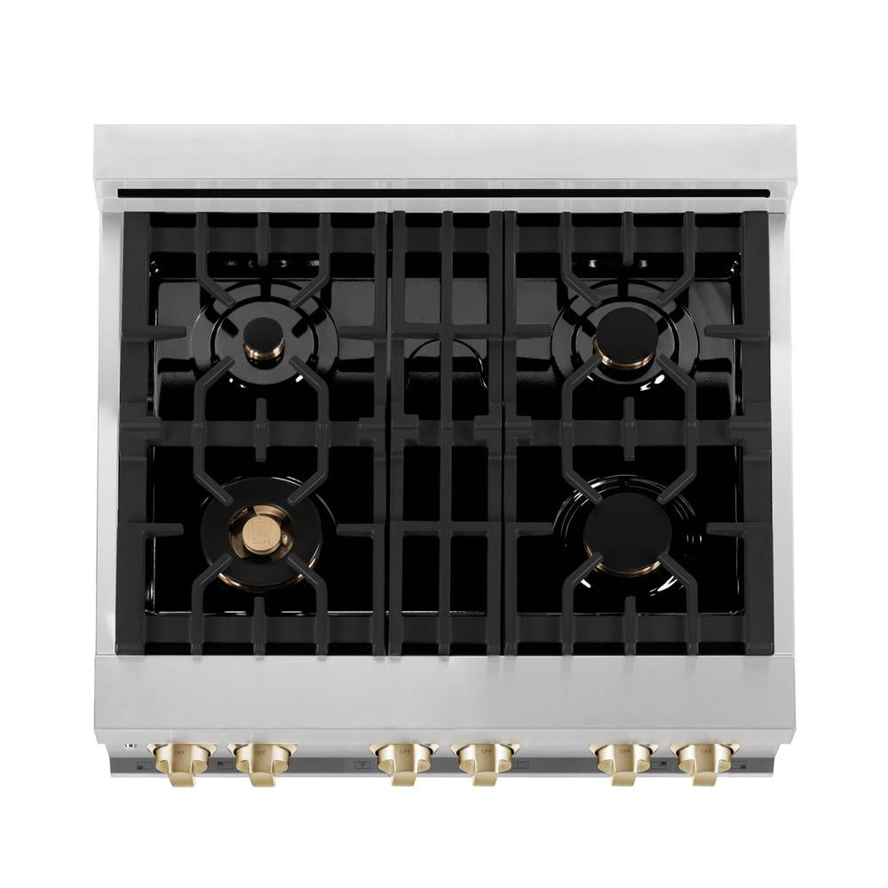 ZLINE Autograph Edition 30-inch Stainless Steel Dual Fuel Range with White Matte Door & Range Hood - Polished Gold Accents (2AKP RAWMRH30 G) | Professional Kitchen Package for Home Chefs & Modern Cooking Enthusiasts