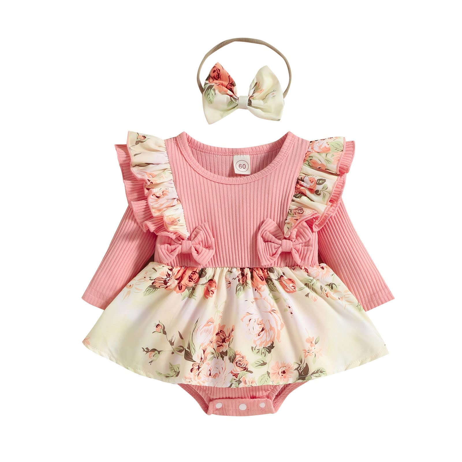 Halloween Baby Girl Romper Set - Ruffled Long Sleeve Ribbed Floral Bodysuit with Bow Headband | Infant Costume for Halloween Party, Photo Shoot & Dress Up Play