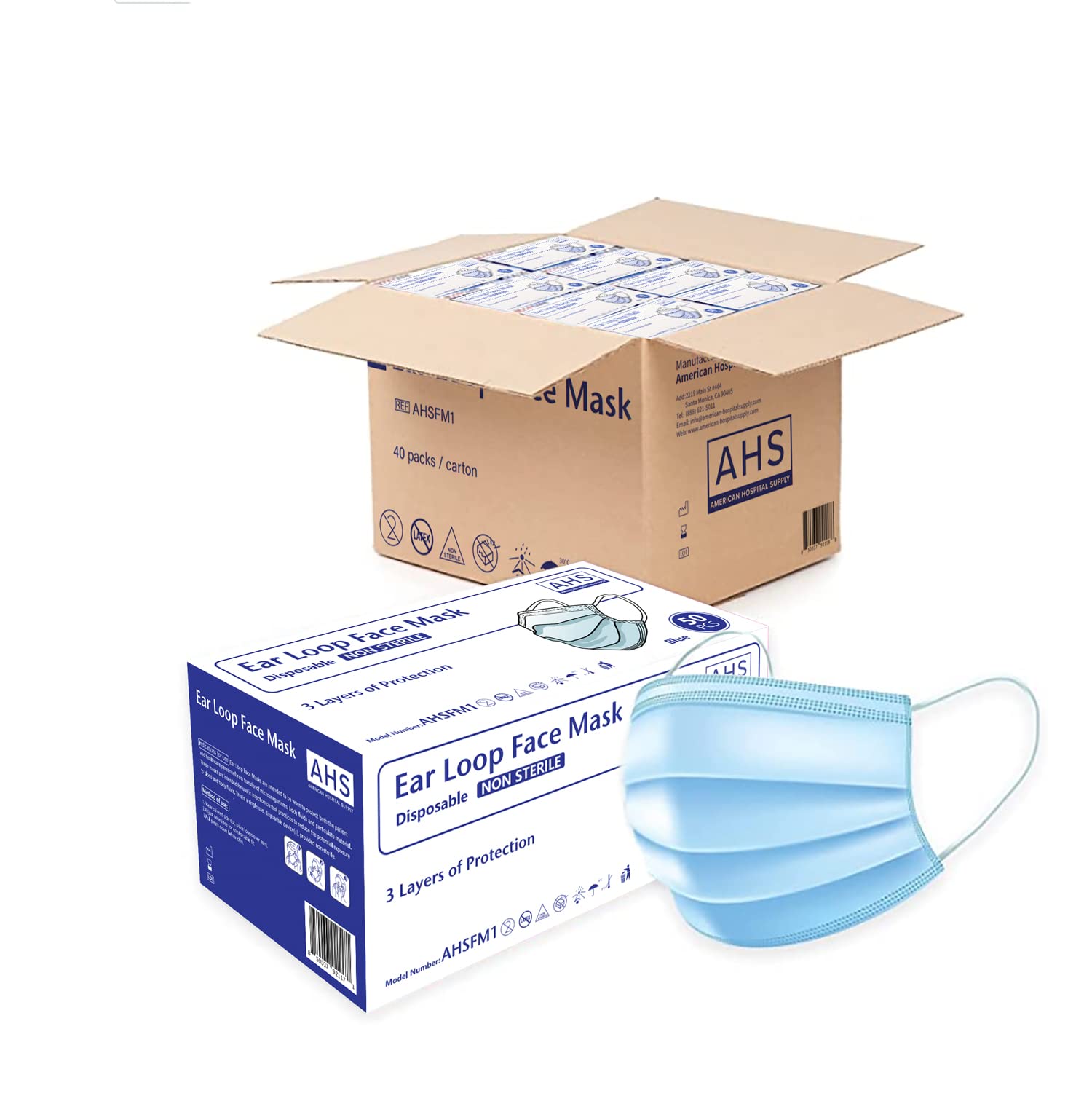 (AHS) Disposable Blue 3-Ply Earloop Face Masks - 2000 Pack (40 Boxes x 50pcs) | Comfortable Breathable Adult Face Coverings for Daily Use, Work, Travel & Public Safety Protection
