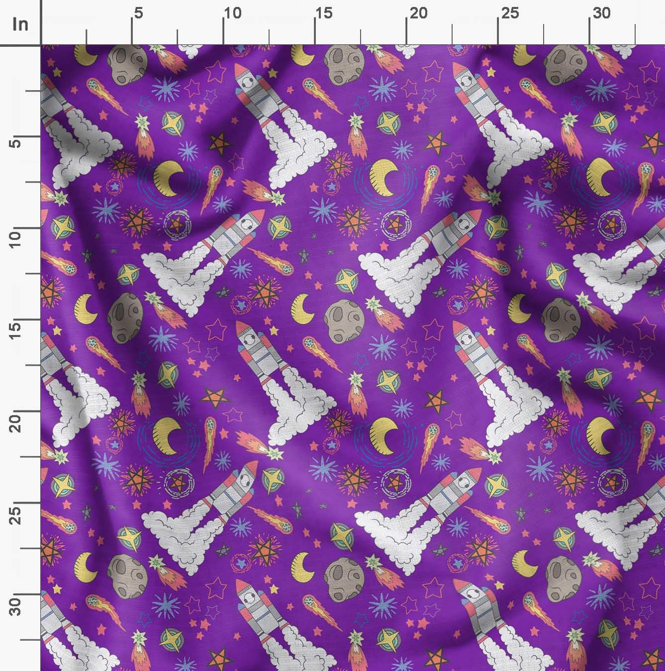 Soimoi Moss Georgette Purple Fabric by The Yard - 42 Inch Wide Stars & Rocket Galaxy Printed Fabric for Sewing, Dresses, Curtains & DIY Crafts - Lightweight & Vibrant Material for Fashion Design & Home Decor
