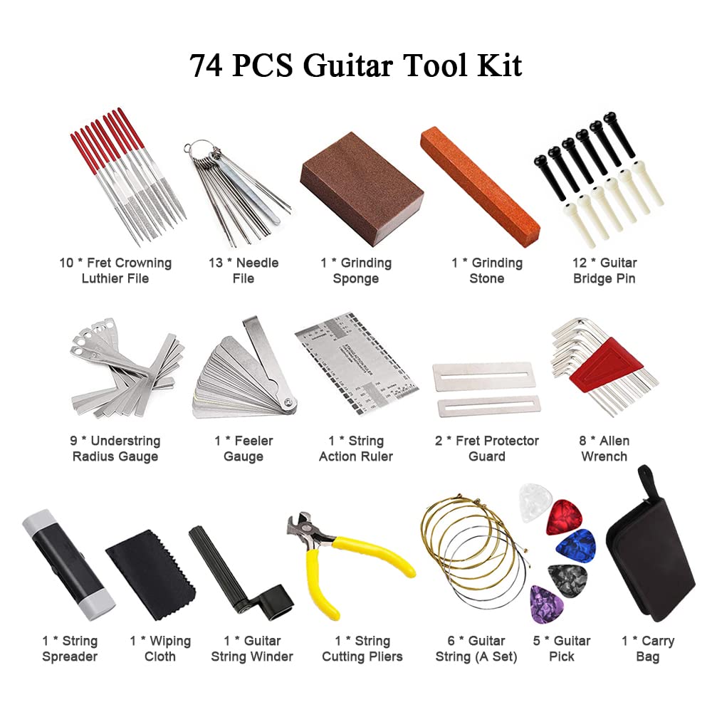 74PCS Guitar Tool Kit with Carry Bag - Professional Repair & Maintenance Tools for Guitar, Ukulele, Bass & Banjo | Includes String Action Ruler, Bridge Pins, Strings & Picks | Perfect Music Accessories Gift for Musicians | Ideal for Home Practice, Studio Recording & Live Performances