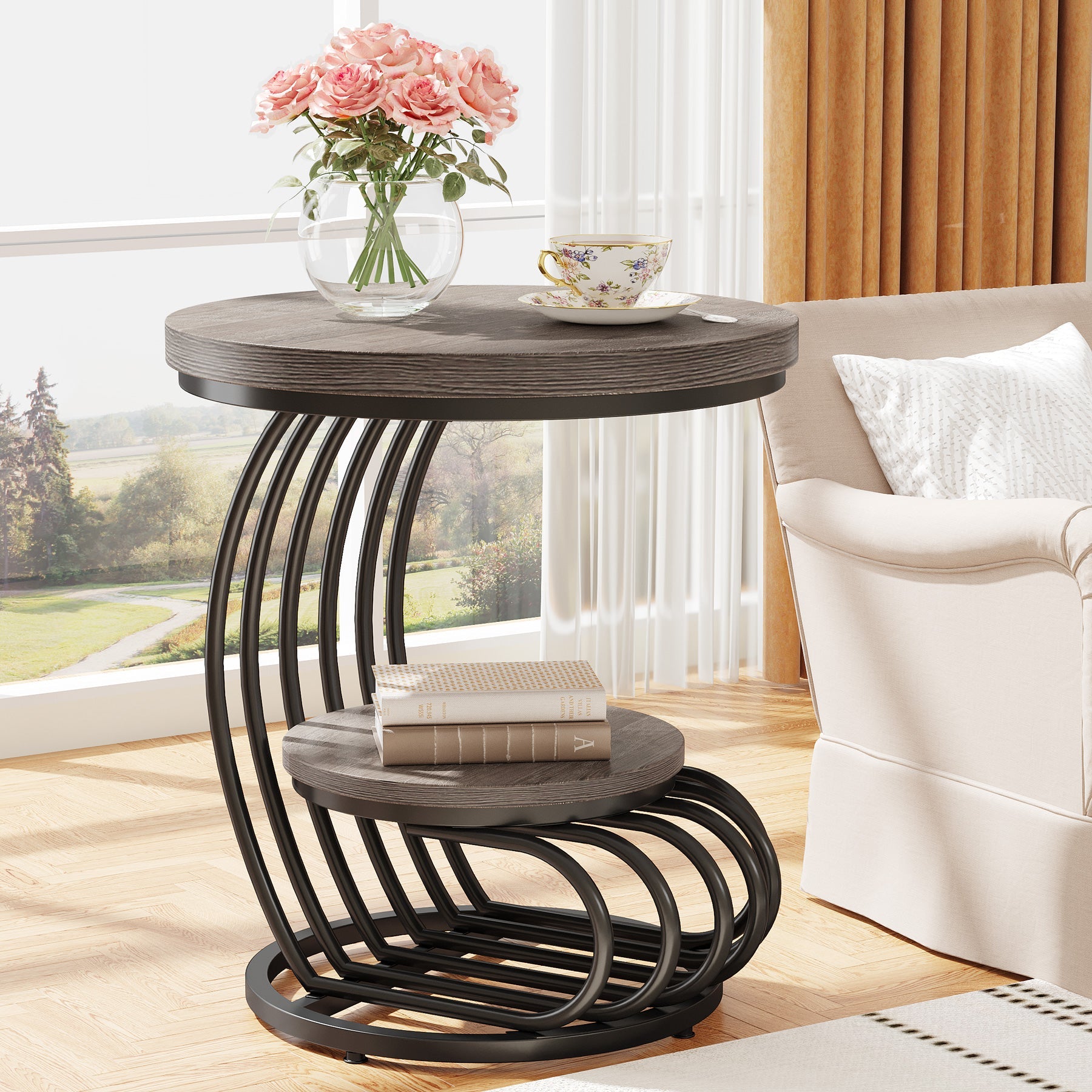 Round End Table with Storage Shelf - 2-Tier Faux Marble Side Table for Living Room, Bedroom & Office - Modern Accent Table with Sturdy Metal Frame for Home Decor