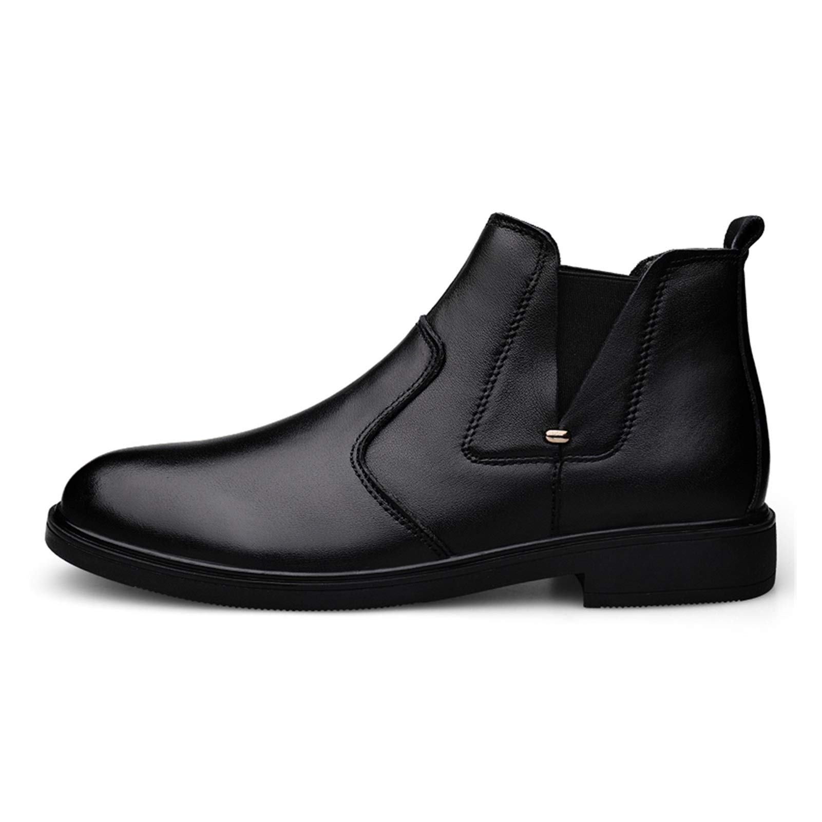 Men's Motorcycle Chelsea Boots - Business Casual Riding Boots for Men, Round Toe Pull-On Design, Low Top Block Heel, Elastic Gussets, Plaid Embossed Genuine Leather, Non-Slip Rubber Sole - Perfect for Urban Commuting, Motorcycle Riding & Casual Wear