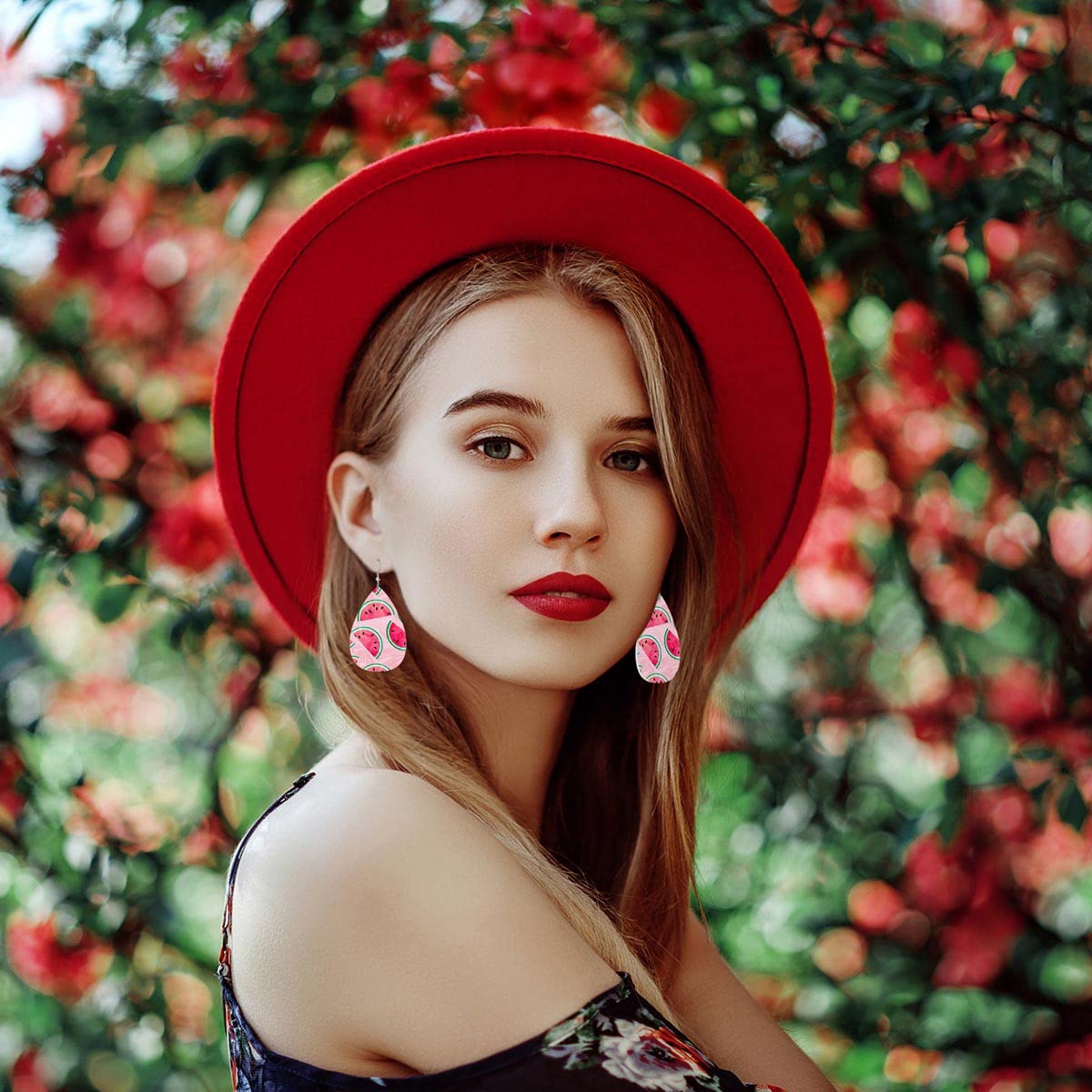 Zokola Watermelon Leather Drop Earrings Set - Pink Marble Fruity Dangle Earrings for Women | Lightweight Teardrop Wedding Jewelry | Perfect for Bridal Shower, Summer Parties & Casual Outfits