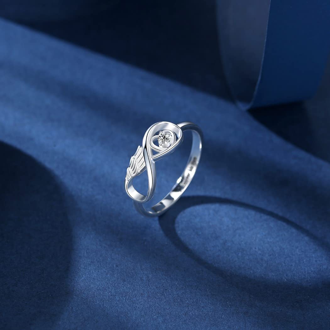 Angel Wing Birthstone Ring for Women - Personalized Sterling Silver Infinity Wings Ring with Custom Name Engraving - Thoughtful Miscarriage Memorial Gift for Mothers, Daughters & Loved Ones - Perfect for Mother's Day, Remembrance Jewelry & Sympathy Gifts