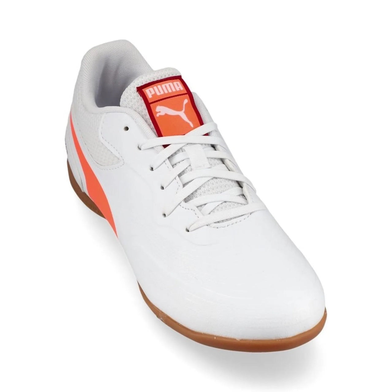 Puma Truco III Junior Indoor Soccer Shoes for Kids - White/Glowing Red/Dark Crimson | Lightweight Football Cleats for Indoor Training & Games