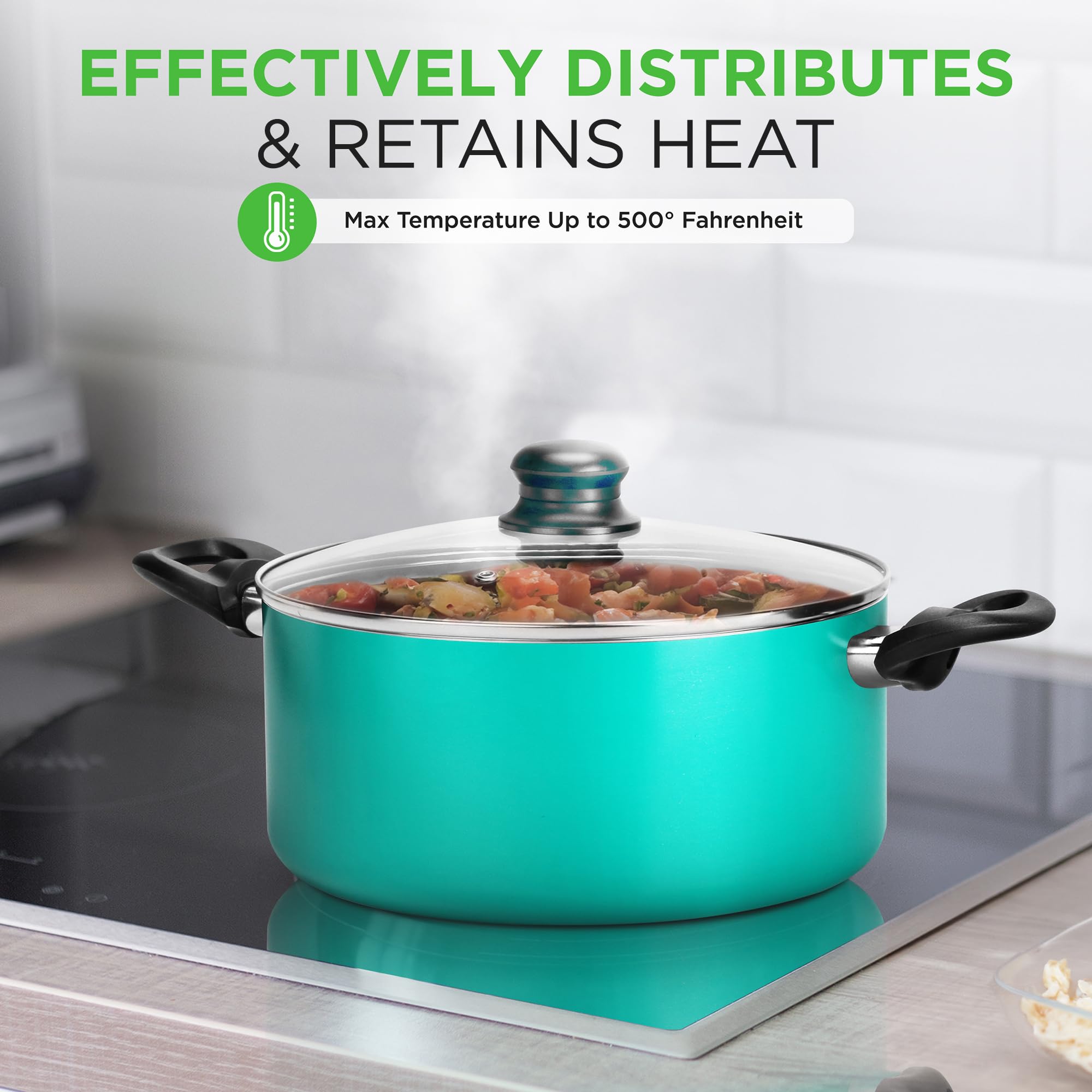 15-Piece Nonstick Kitchen Cookware Set - PTFE/PFOA/PFOS-Free, Colorful Heat Resistant Lacquer Pots & Pans with Saucepot, Frying Pans, Oven Pot & Lids - Includes 5 Cooking Utensils - Perfect for Home Cooking, Baking & Meal Prep - NCCWCOR15