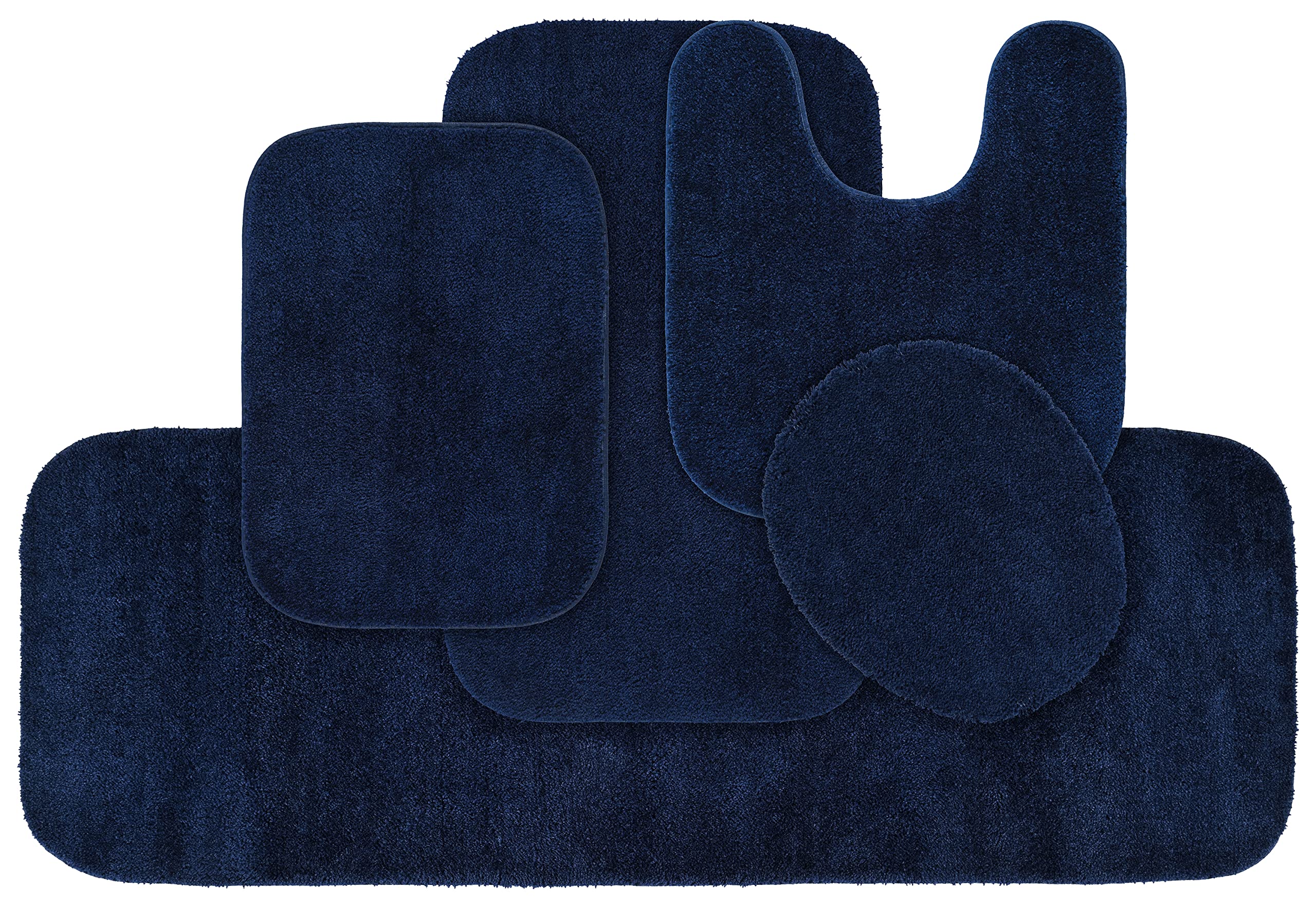 Garland Rug Traditional Nylon Washable Navy 5-Piece Bathroom Rug Set - Soft, Absorbent & Stylish Non-Slip Mats with Lid & Contour - Perfect for Bathroom, Shower & Vanity Areas
