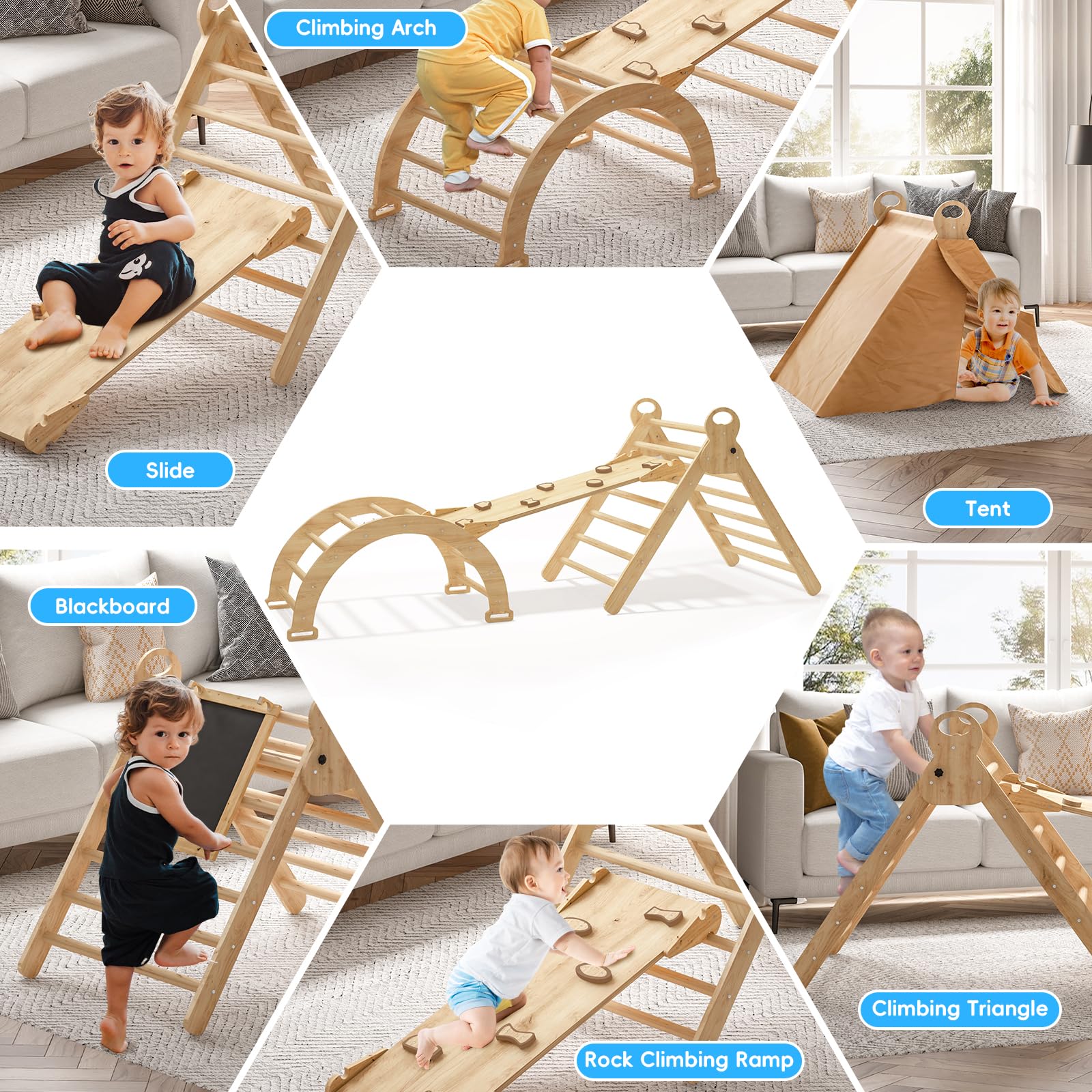 Montessori Pikler Triangle Climbing Set for Toddlers - Indoor & Outdoor Play Gym with Arch, Ramp, and Triangle - Kids Learning & Development Toy for Home, Nursery, and Backyard Playtime