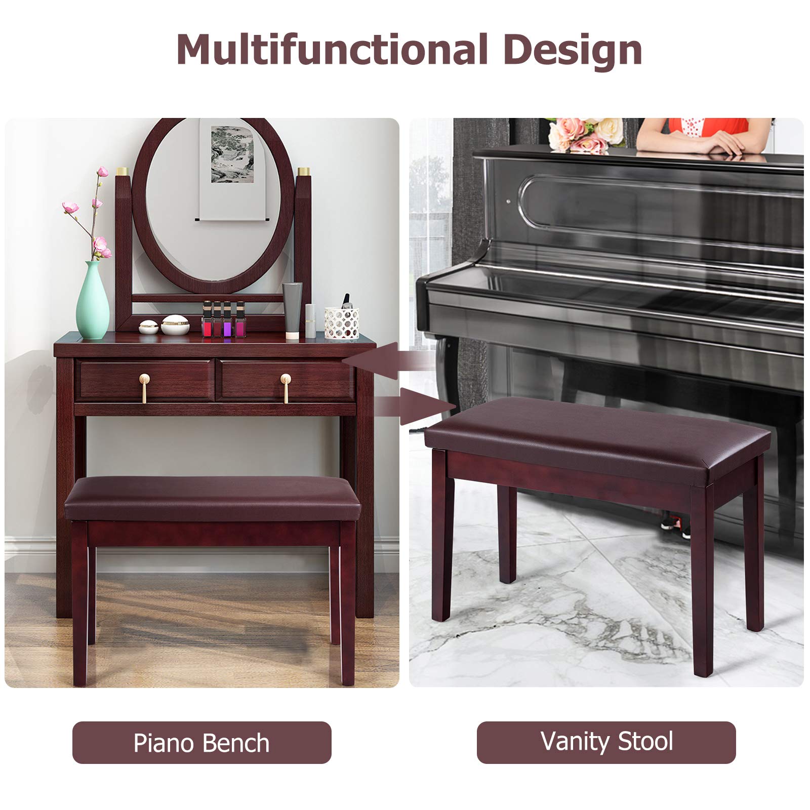 Premium PU Leather Piano Bench with Storage - Adjustable Double Duet Seat & Padded Cushion - Sturdy Wooden Legs - Perfect for Professional Pianists, Home Practice, Music Studios & Concert Halls (CF)