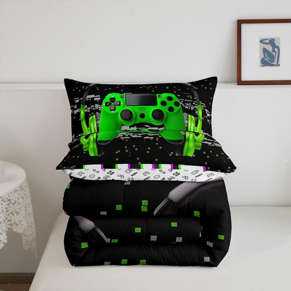 Erosebridal Boys Twin Gaming Comforter Set - Green Video Game Themed Bedding for Toddler & Kids - Perfect for Gamer Bedrooms, Sleepovers & Teen Boys Room Decor
