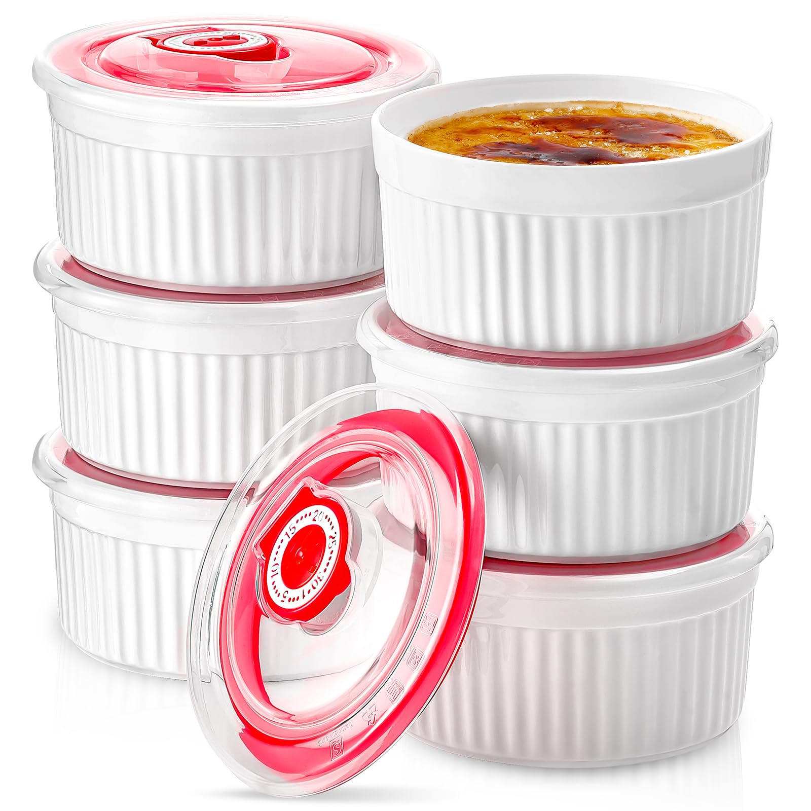 6-Piece Mfacoy Porcelain Ramekins Set with Lids - 8 oz White Oven-Safe Baking Cups for Creme Brulee, Souffle, Pudding & Custard - Perfect for Desserts, Sauces & Small Dishes - Dishwasher & Microwave Safe