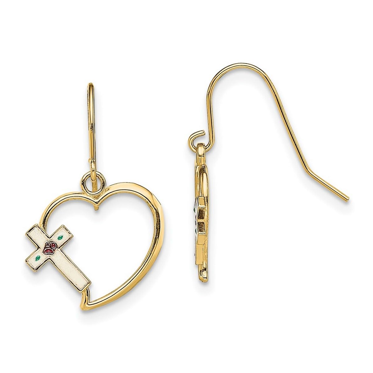 14K Gold Love Heart Enamel Religious Faith Cross Wire Earrings for Women - 20.9x13.7mm Elegant Dangle Earrings - Perfect for Church, Weddings & Everyday Faith Jewelry