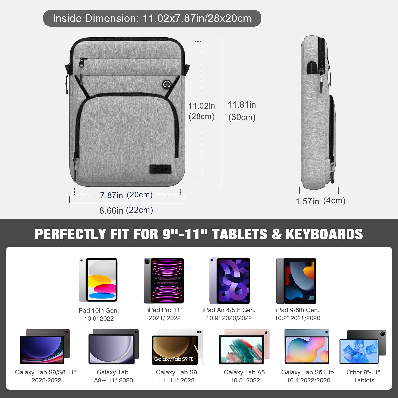 MoKo 9-11 Inch Tablet Sleeve with Multiple Pockets - Light Grey Shoulder Bag for iPad Air 5 (2022), iPad 9/8/7th Gen, iPad Air 4/3, Samsung Galaxy Tab S9/S8 11