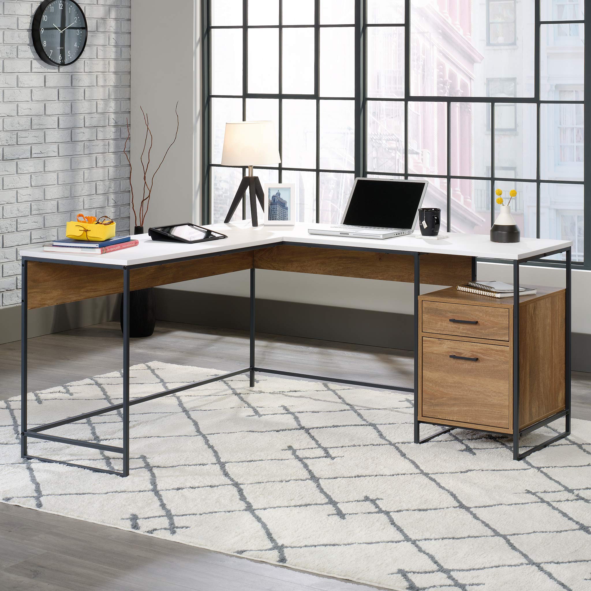 Sauder Tremont Row Modern L-Shaped Desk with Storage, Sindoori Mango Finish - Stylish Home Office Furniture for Small Spaces, Perfect for Remote Work & Study