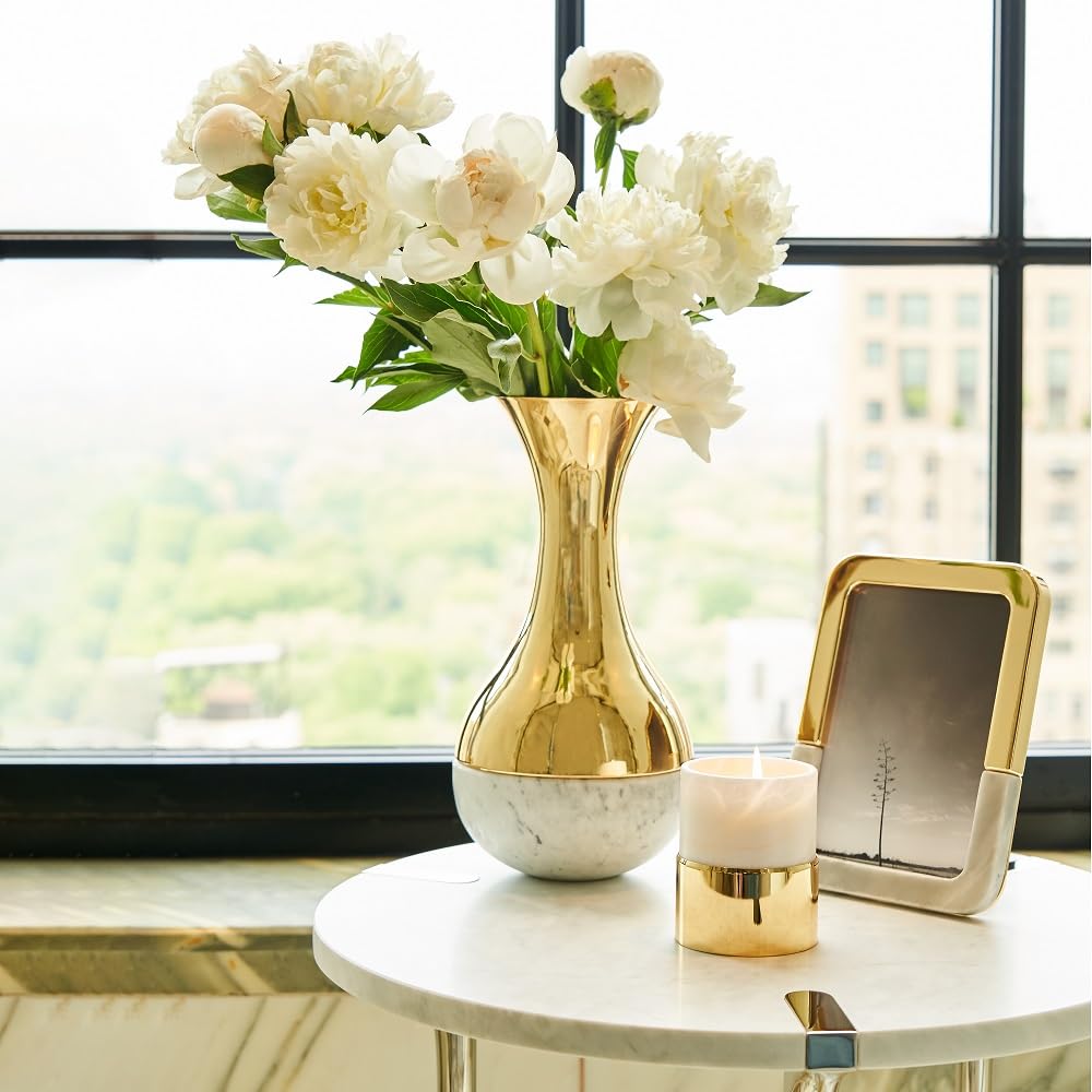 Anna New York Dual Vase: Carrara Gold Marble & Metal Modern Home Decor - Perfect for Living Room Centerpiece, Wedding Gift & Luxury Interior Design