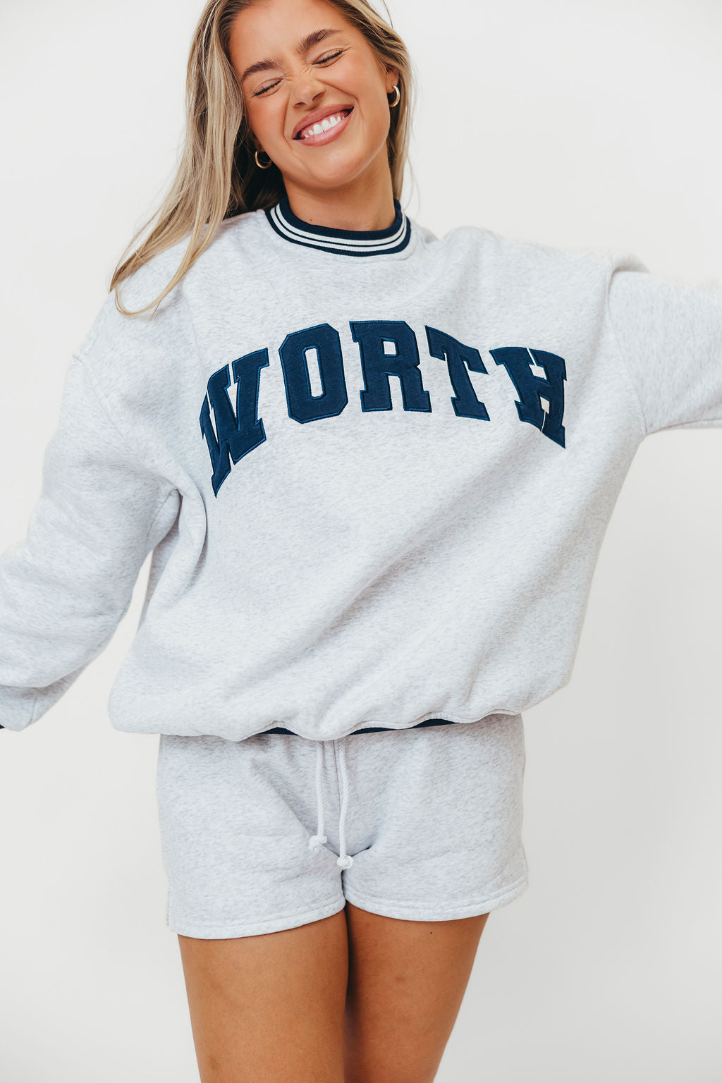 WORTH Preppy Embroidered Crewneck Sweatshirt for Women - Pearl Grey | Casual Pullover for College, Streetwear & Fall Fashion
