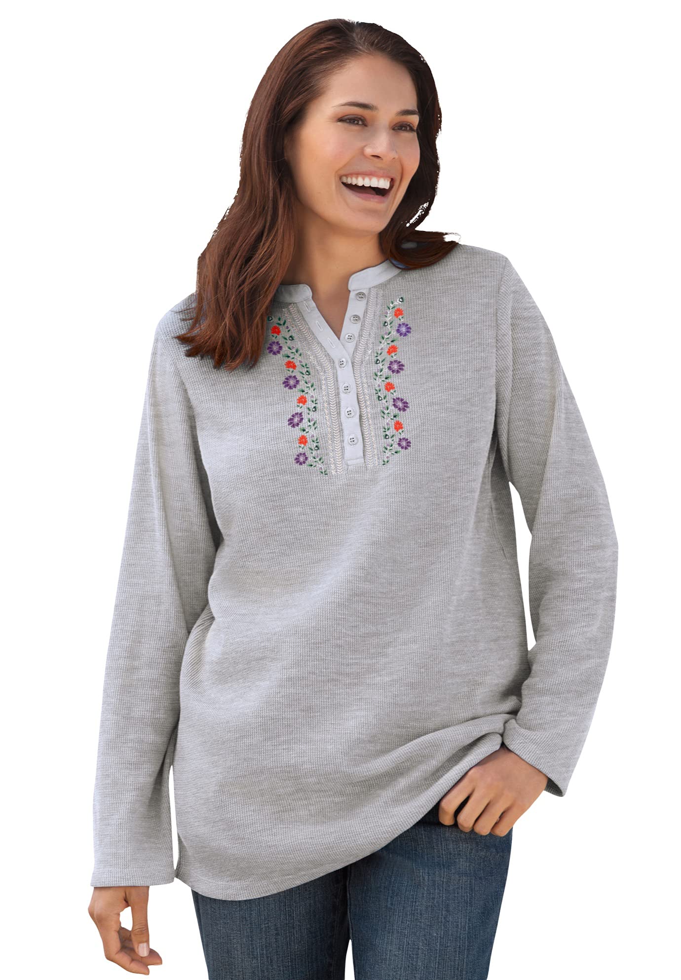 Women's Plus Size Embroidered Thermal Waffle Henley Top - Long Sleeve Underwear Shirt for Cold Weather | Cozy Winter Layering & Outdoor Activities