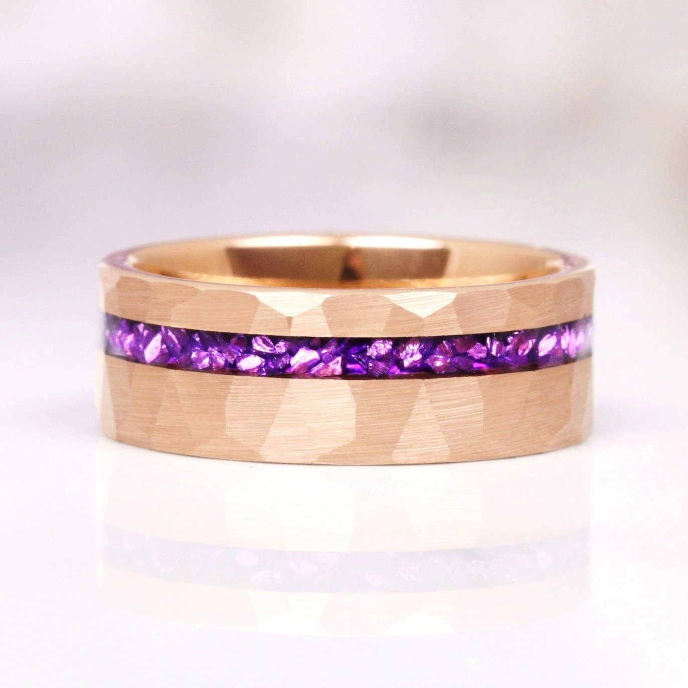 8MM Rose Gold Tungsten Crushed Amethyst Wedding Band for Men & Women - Elegant Gemstone Ring for Engagement, Anniversary & Special Occasions