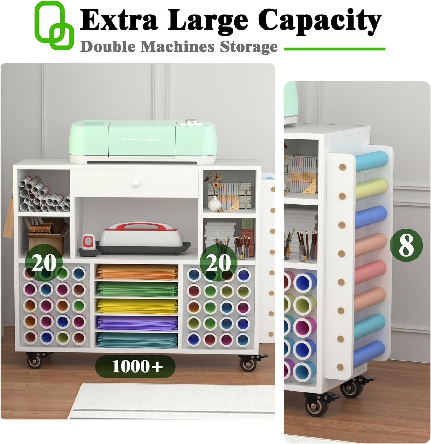 Cricut Compatible Rolling Craft Organizer Cart with Large Drawer & 48 Vinyl Roll Holder - Craft Storage Cabinet, Craft Room Workstation for Scrapbooking, DIY Projects, Home Office Organization