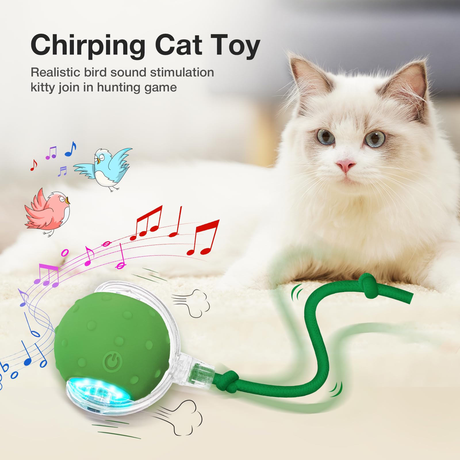 Interactive Electric Cat Toy Ball with Chirping Bird - Fast Rolling Motion Activated Kitten Toy for Indoor Cats - Fun Play on Carpet & Hard Floors (Green) - Perfect for Exercise, Boredom Relief & Bonding with Your Feline Friend