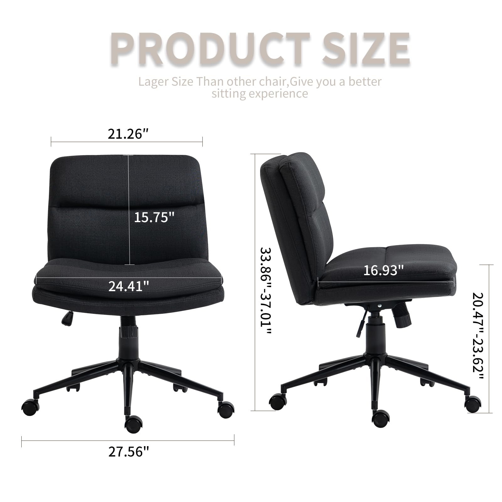 Armless Wide Office Desk Chair with Wheels - Modern Fabric Swivel Task Chair, Adjustable Ergonomic Computer Chair for Home & Office - Perfect for Workstations, Gaming, and Cross-Legged Sitting (Black)