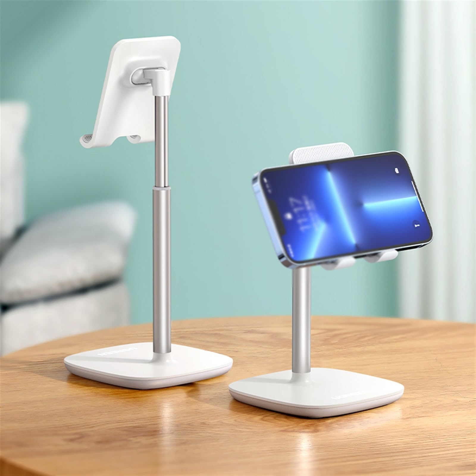 SPXTOM Adjustable Tabletop Metal Phone Stand - Aluminum Alloy Phone Holder with Anti-Slip Base & Charging Port - Compatible with 4-10
