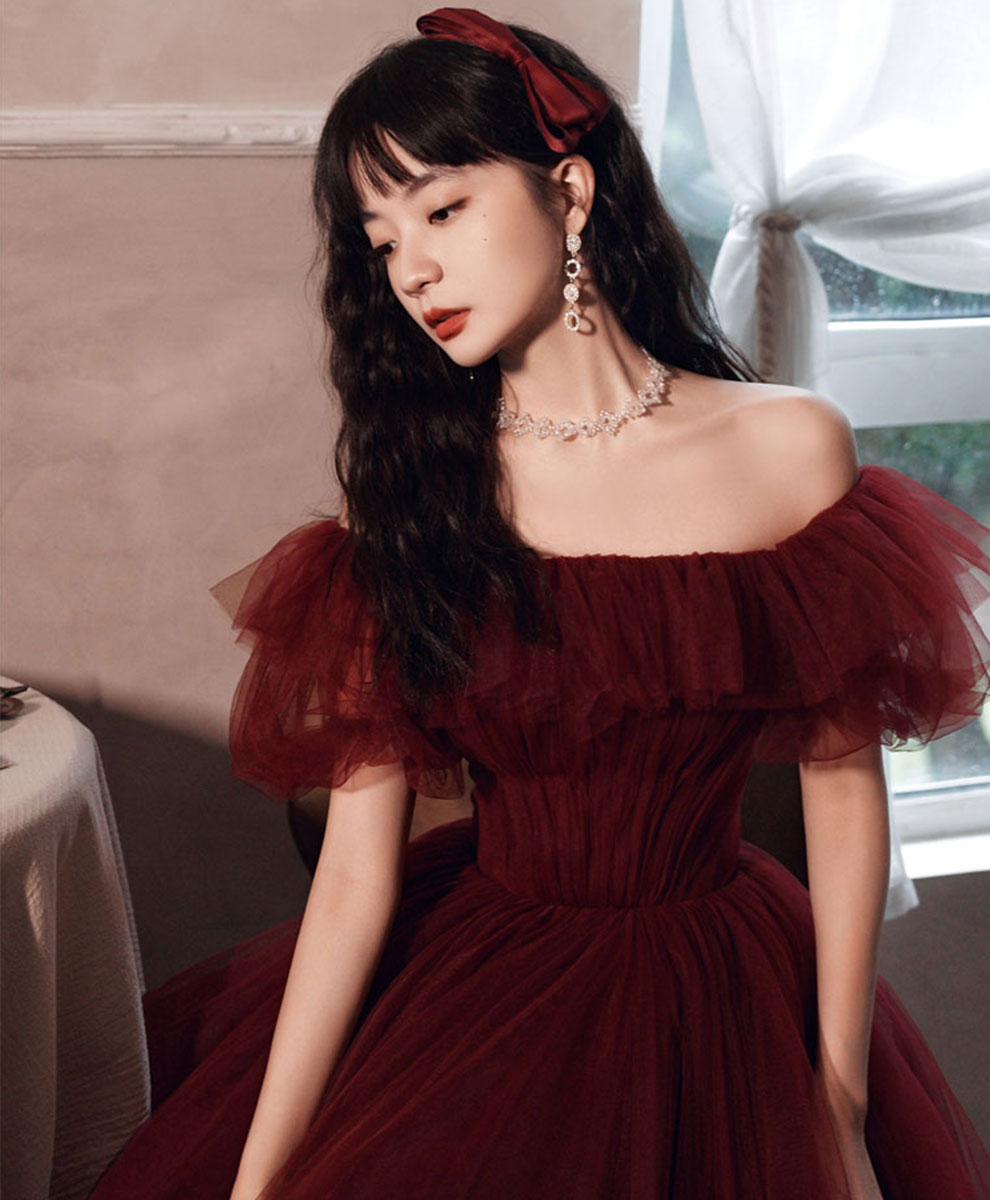 Elegant Burgundy Off Shoulder Tulle Long Prom Dress for Women - Perfect for Evening Gowns, Homecoming, Formal Dances & Special Occasions