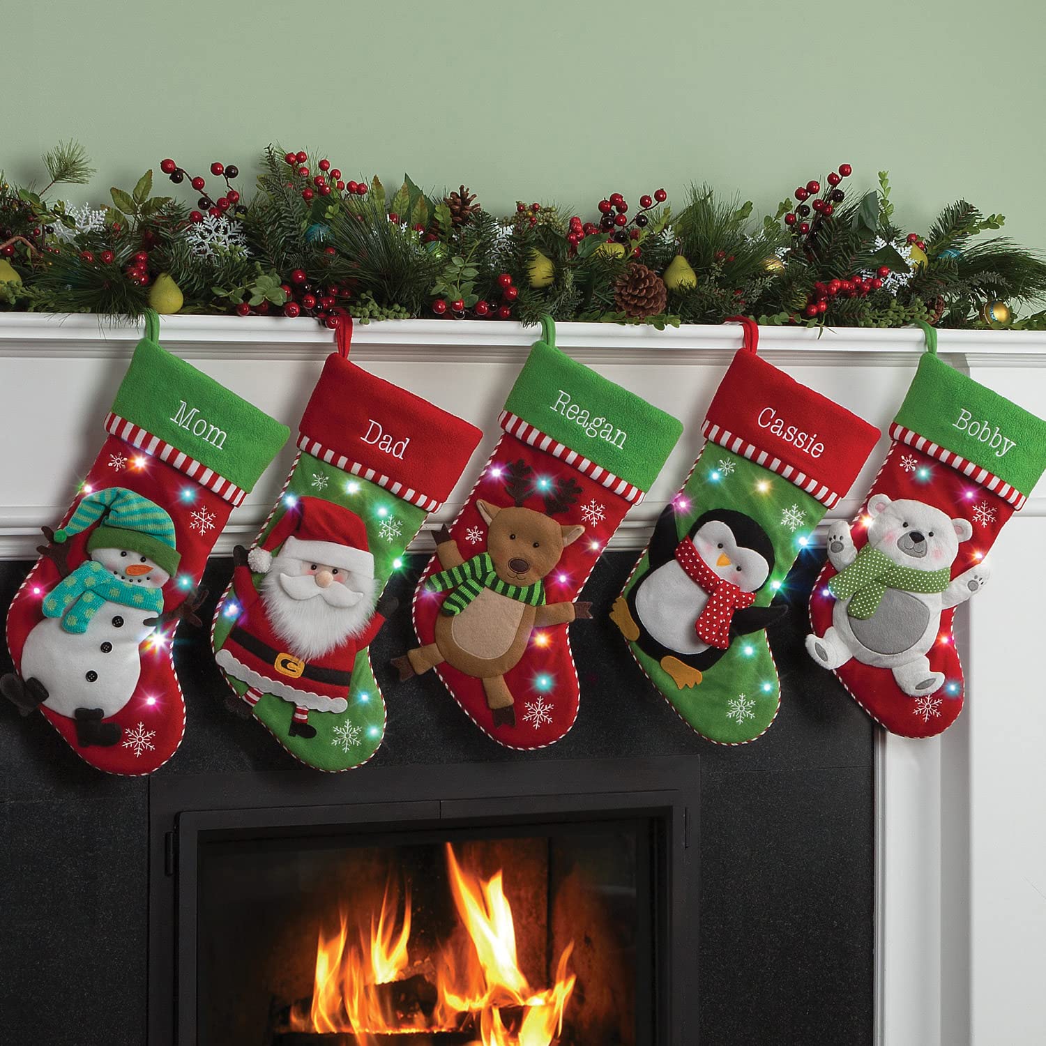 Personalized LED Christmas Stocking with Custom Name Embroidery - 3D Reindeer Design & Colorful Twinkling Lights - Festive Holiday Decor for Fireplace Mantel, Bedroom, or Christmas Tree - Green Cuff Stocking Ready to Hang