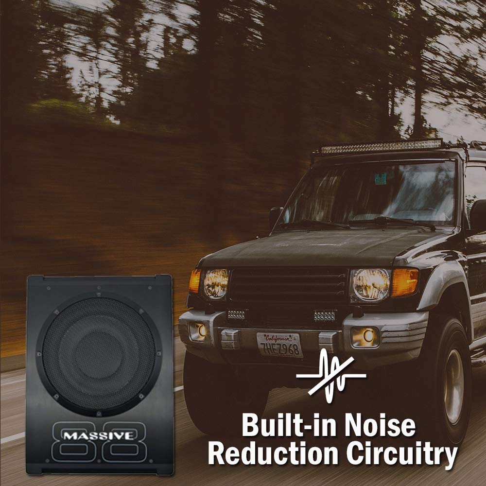 Massive Audio BOOM88 8 Inch 400W Powered Car Subwoofer - Slim Under Seat Woofer with Built-in Amplifier & Gain Remote - Compact Low Profile Design for Amazing Bass Sound - Perfect for Trucks, SUVs and Sedans