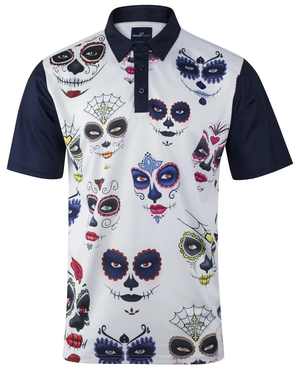 ReadyGOLF Candy Skulls Men's Performance Golf Polo Shirt - Moisture Wicking & UV Protection for Golf, Casual Wear & Outdoor Activities