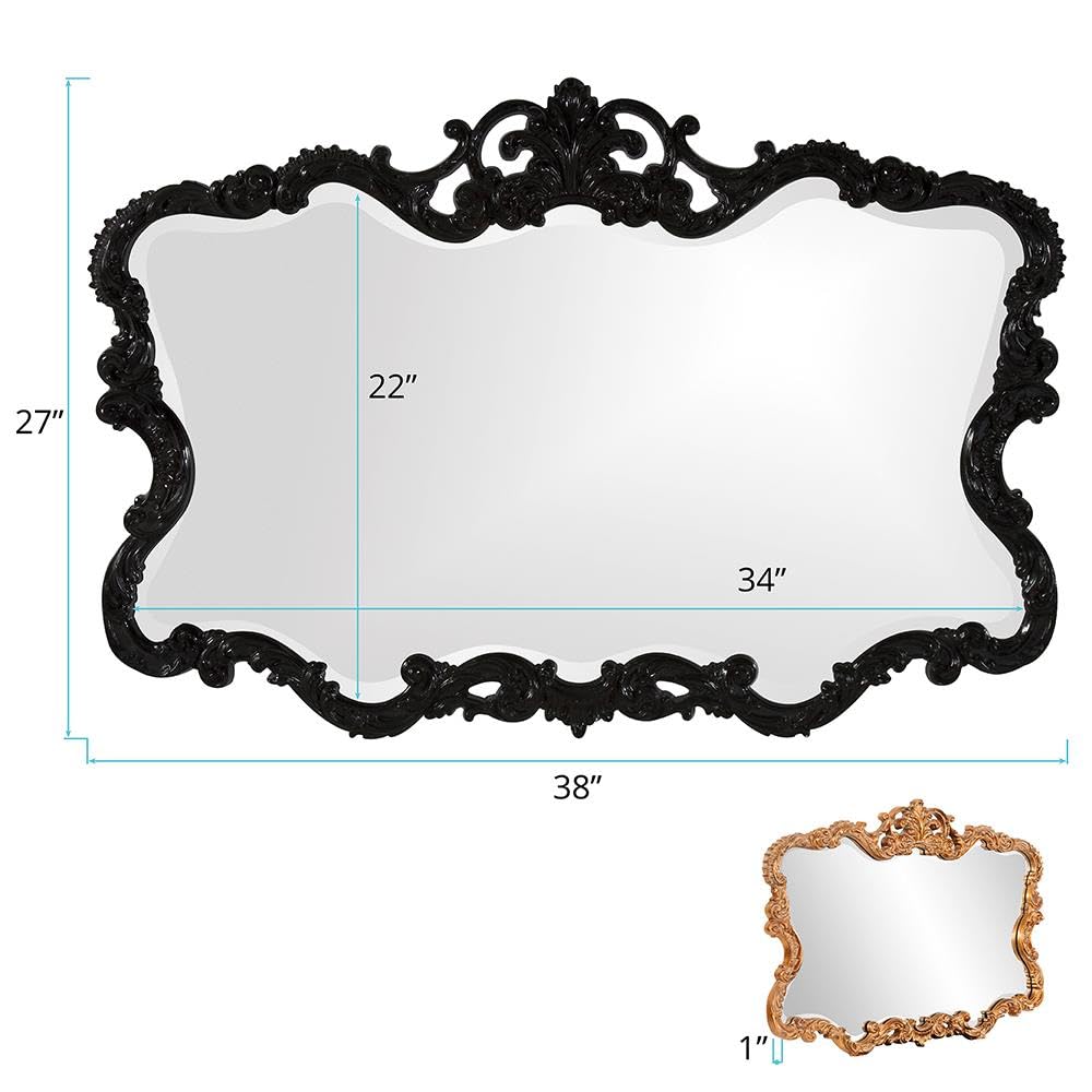 Howard Elliott Antiqued Talida Mirror - Ornate Rectangular Wall Mirror with Resin Frame, Glossy Black (27