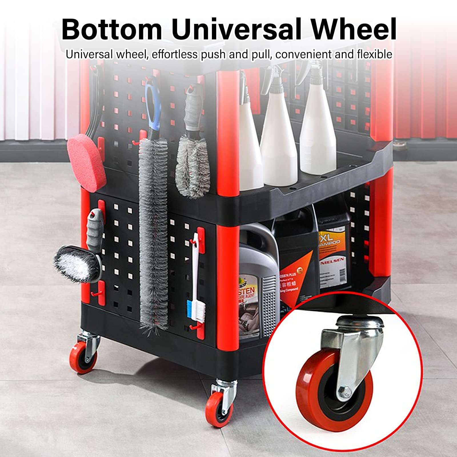 3-Tier Rolling Utility Detailing Cart with Side Hanging Plate & Hooks - Mobile Mechanic Tool Trolley for Car Wash, Detailing, Repairs & Waxing - Perfect for Auto Shops, Garages & Professional Detailers