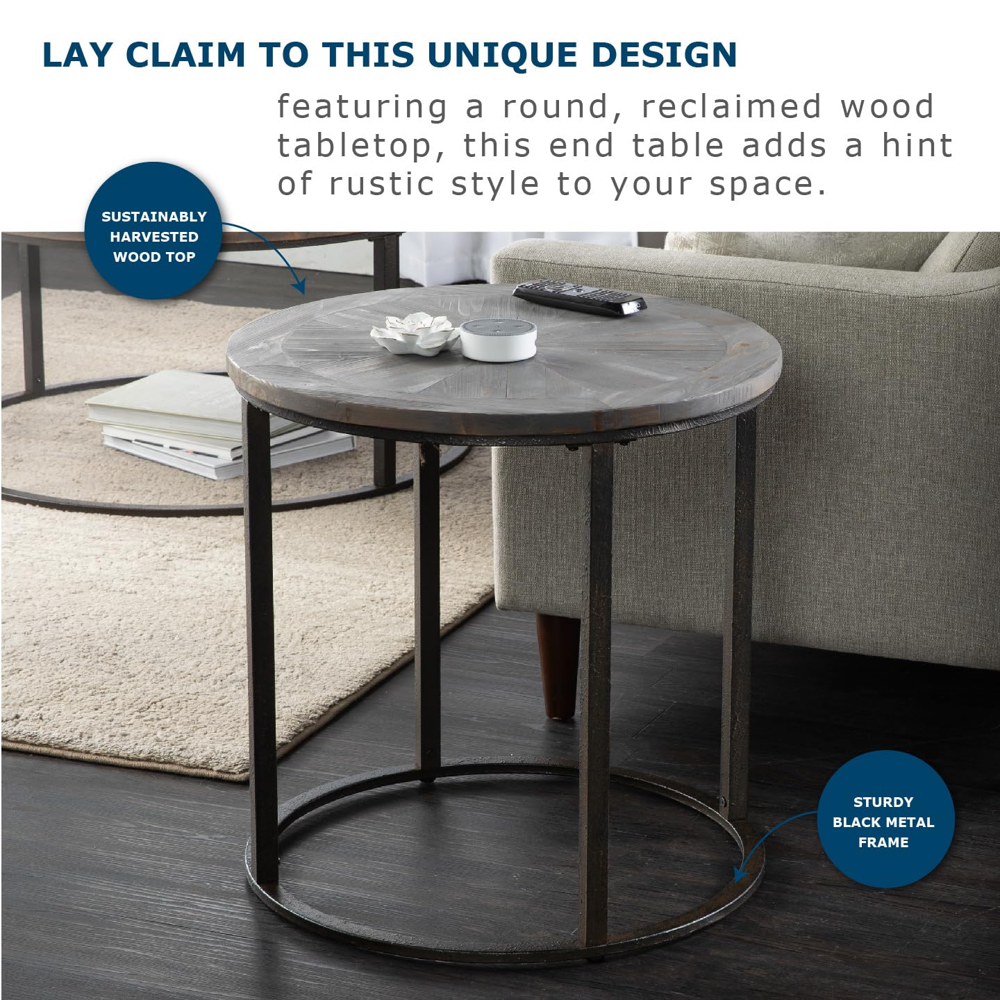 SEI Furniture Landsmill Round Industrial End Table - Natural Wood Finish, Side Table for Living Room, Bedroom, or Office - Perfect for Coffee, Books, and Decor