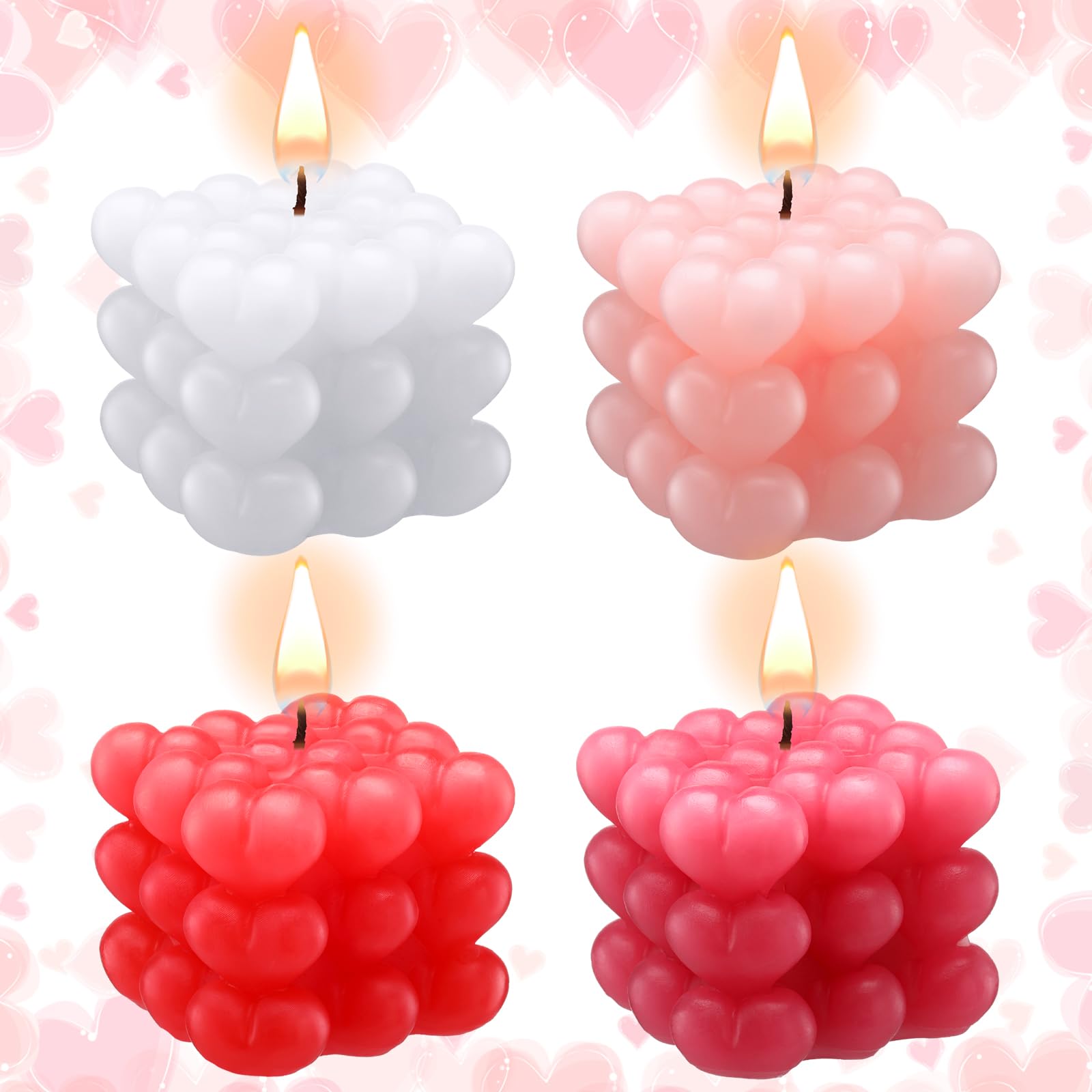 Treela 4-Pack Heart Shaped Bubble Soy Wax Candles - Romantic Valentine's Day, Wedding, Anniversary & Birthday Gift - Home Decor for Kitchen, Bedroom & Dining Table (Multicolor) - Perfect for Romantic Dinners, Spa Nights & Cozy Home Ambiance