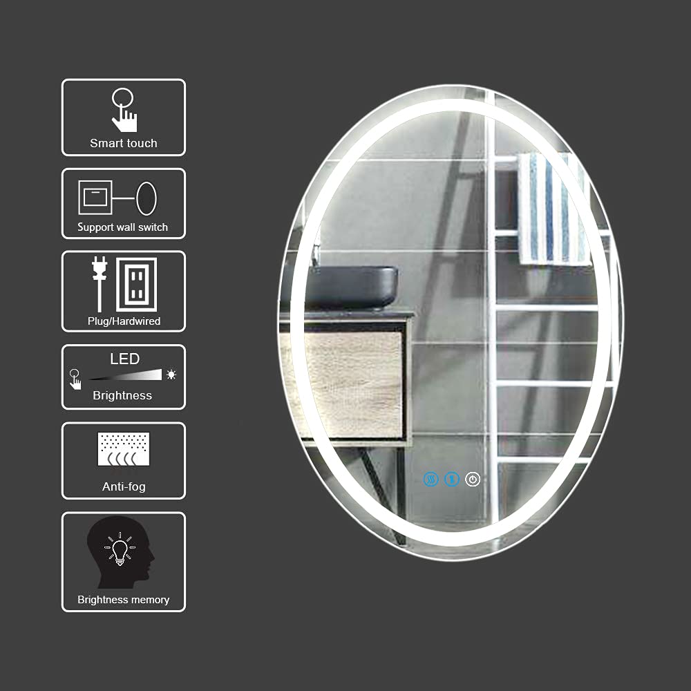 32x24 Inch Oval LED Bathroom Mirror with 3-Color Dimmable Lighting - Anti-Fog Smart Wall Mounted Makeup Mirror for Vanity, Hotel & Home Use