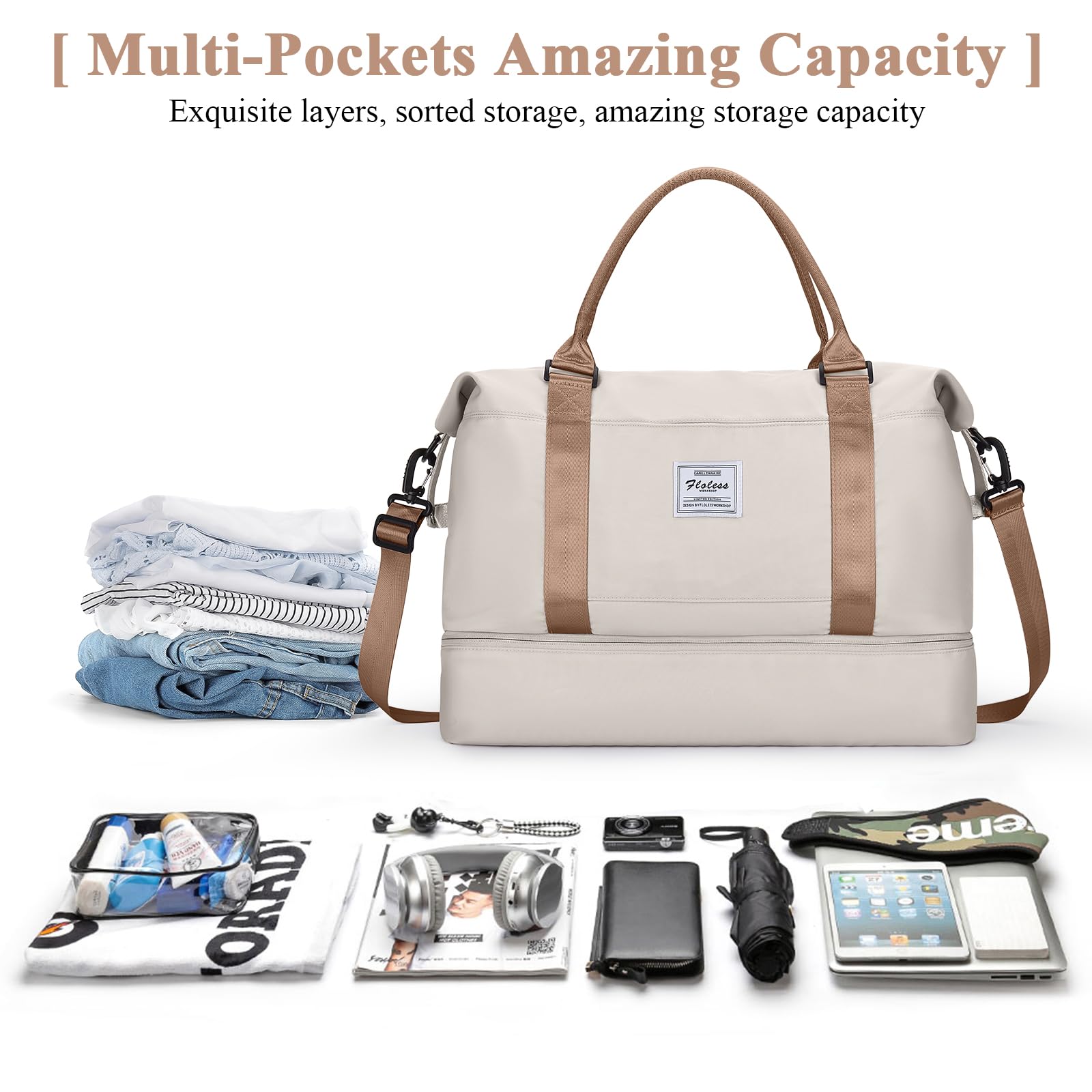 Waterproof Travel Duffel Bag with Separate Shoes Compartment - Lightweight Overnight Weekender Bag for Women - Perfect Carry-On Personal Item for Gym, Work & Weekend Getaways