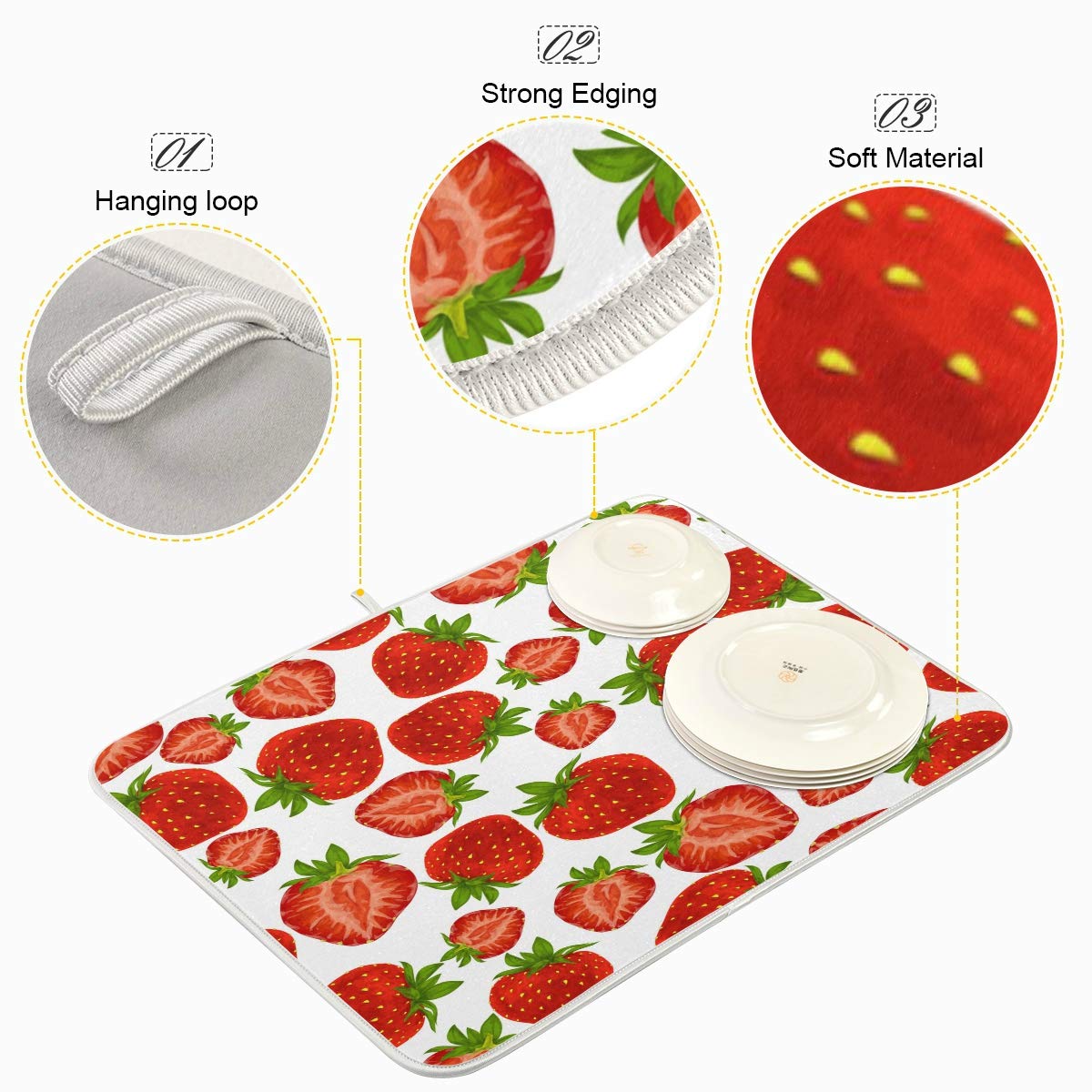 **Strawberry Fruit Pattern Dish Drying Mat - Ultra Absorbent Reversible Microfiber Kitchen Counter Mat (18x24 Inches) | Heat-Resistant, Non-Slip | Perfect for Drying Dishes, Fruits & Utensils**