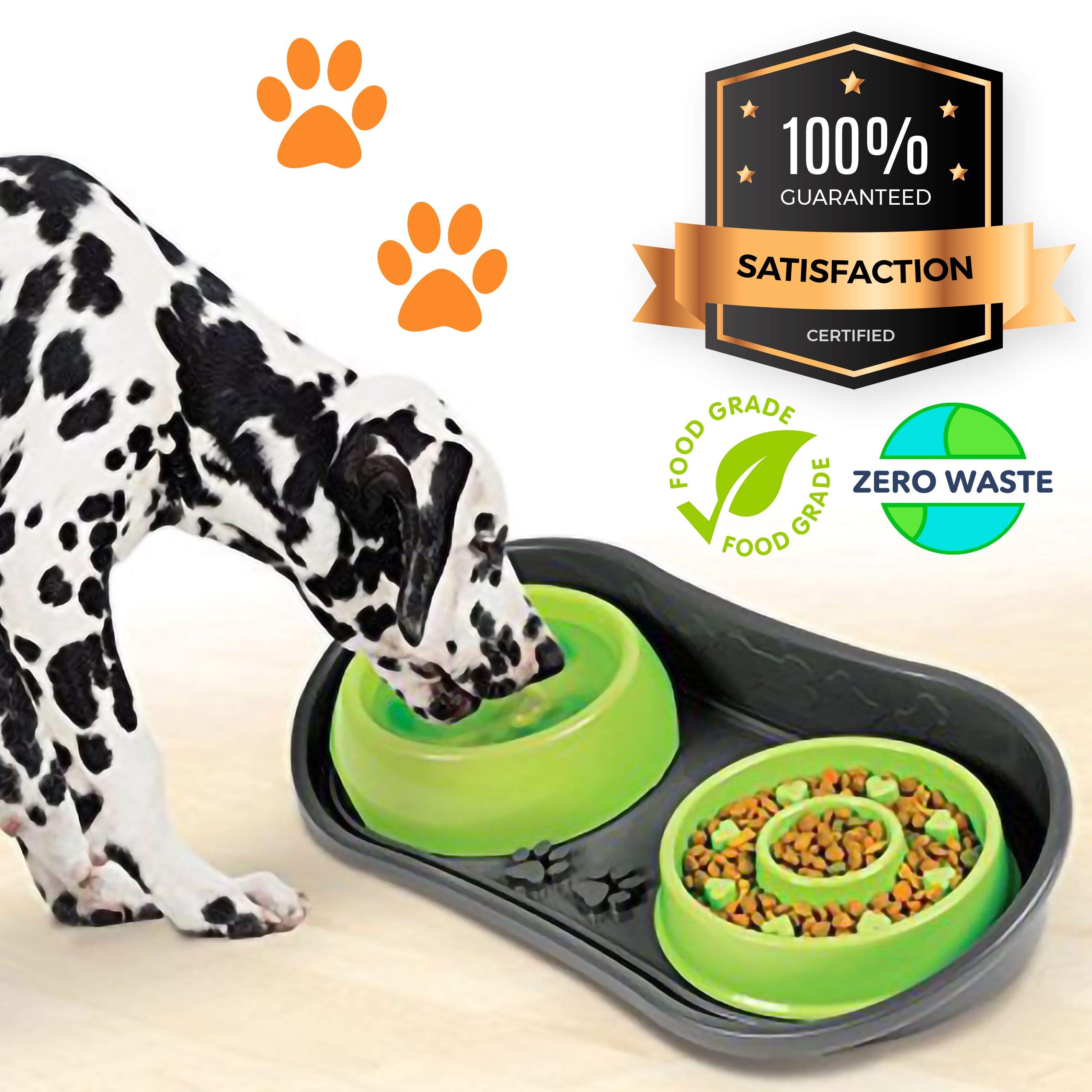 Non-Slip Pet Feeding Mat with 2 Slow Feeder Bowls - Anti-Skid Dog Bowl Tray for Small & Medium Breeds - Waterproof Floor Protector for Messy Eaters - Perfect for Kitchen, Crate or Outdoor Use