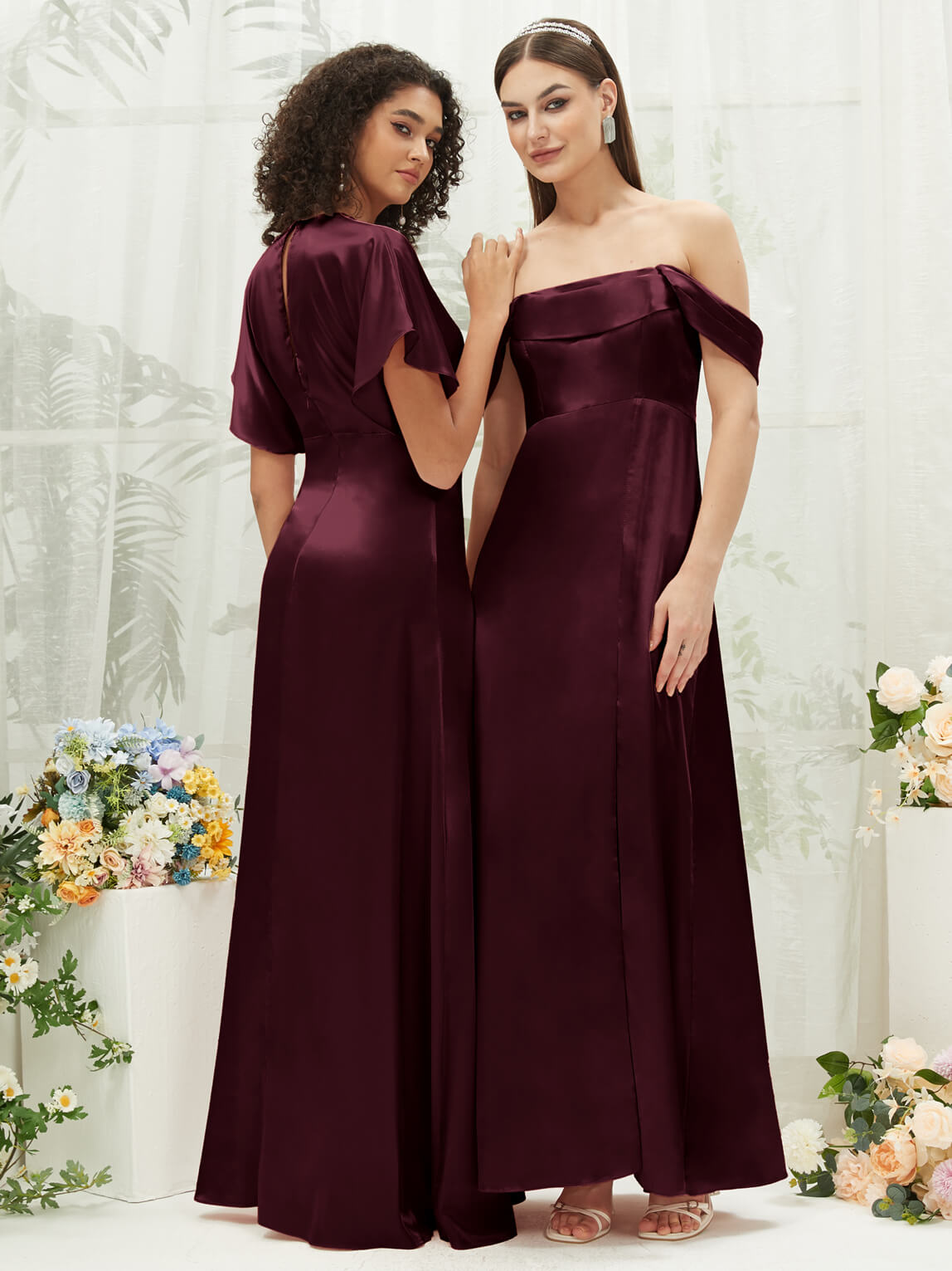 Elegant Cabernet V-Neck Short Sleeve Satin Maxi Bridesmaid Dress with High Slit - Perfect for Weddings, Formal Events & Evening Parties