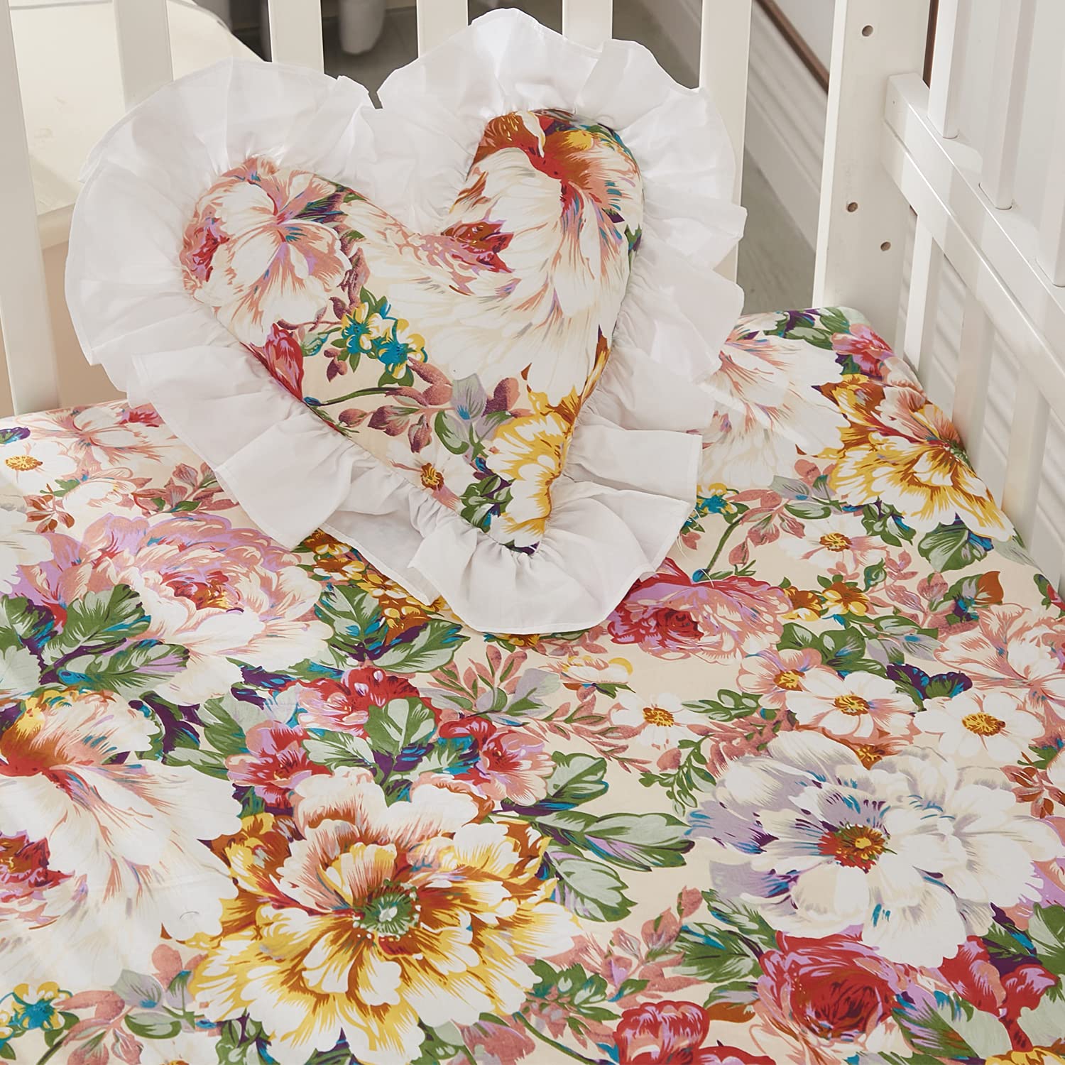 Brandream Floral Crib Bedding Set 6-Piece for Baby Girls - Luxury French Country Nursery Set with Tulle Lace & Embroidered Flowers, Blush Pink & White - Perfect for Newborn Nursery, Baby Shower Gift & Photo Shoots
