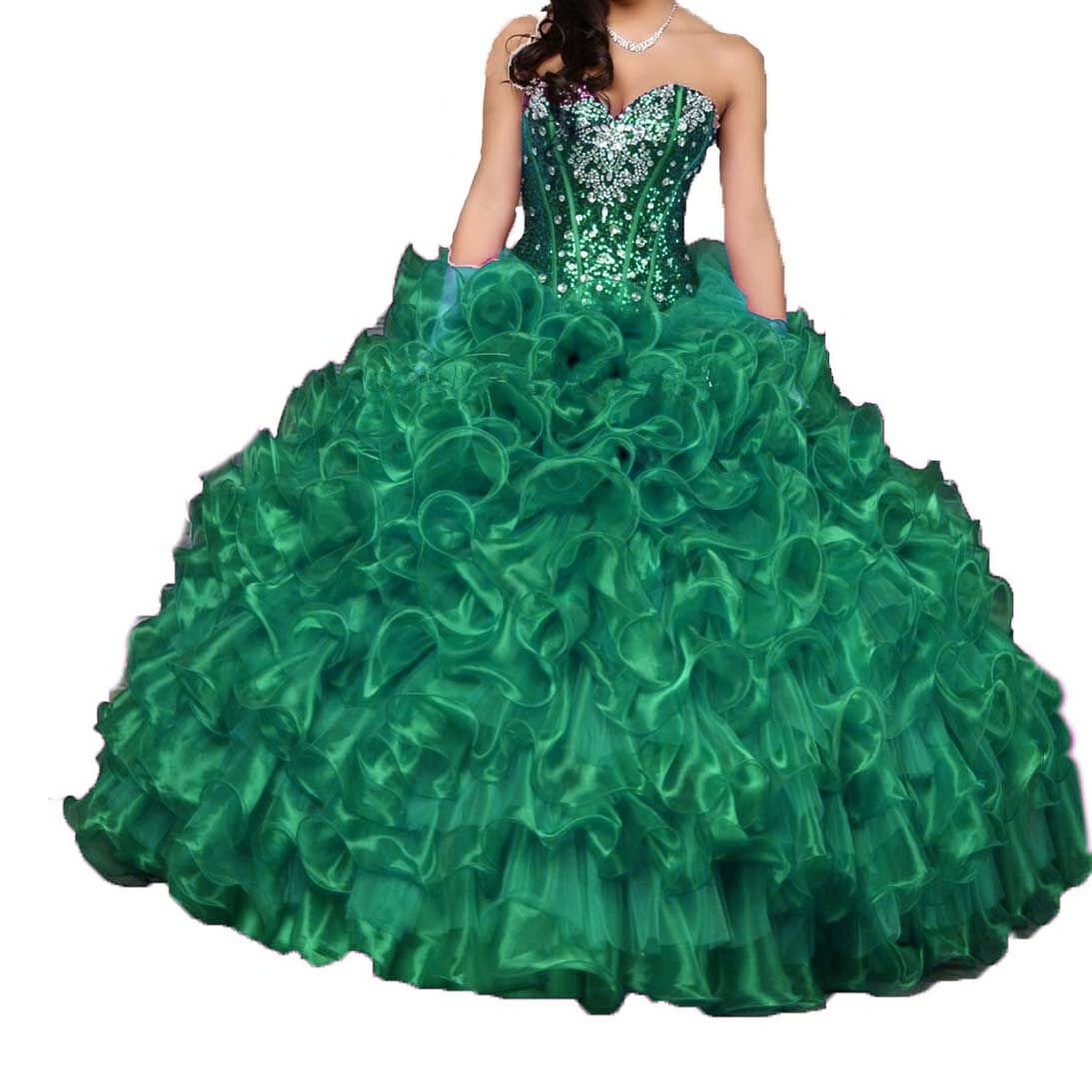ANGELA Women's Sweetheart Neckline Crystal Embellished Ruffled Ball Gown Long Quinceañera Dress for Prom, Wedding, Pageant & Special Occasions