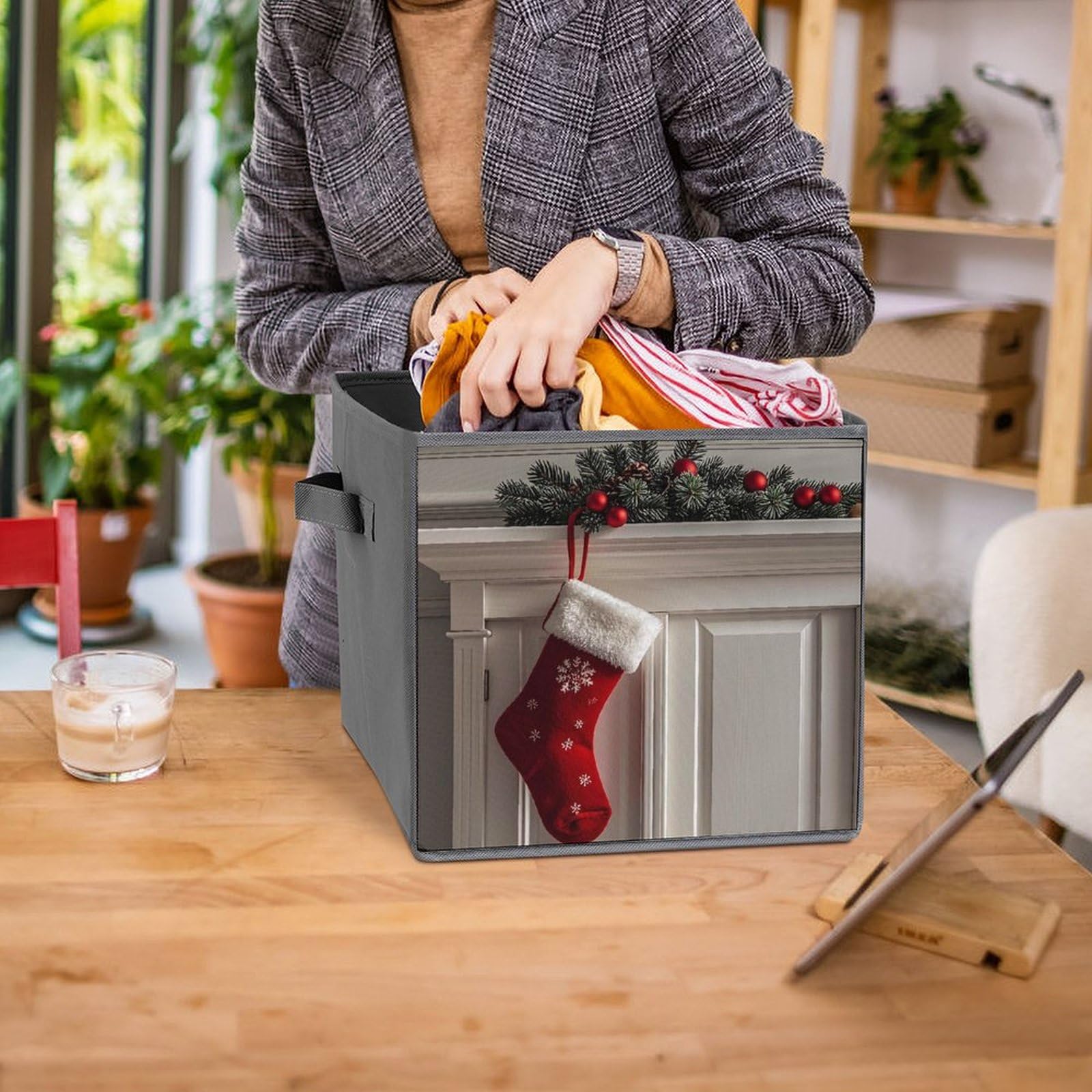 6PCS Foldable Storage Bins with Handles - Large Capacity Christmas Stocking Printed Storage Boxes & Cubes for Playroom, Office, Home Organization | Perfect for Holiday Decor, Toy Storage & Clutter Control