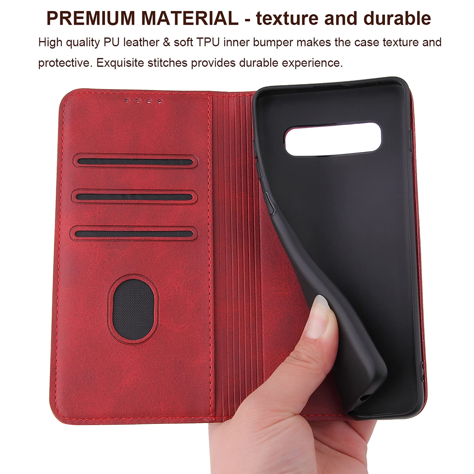 Premium PU Leather Wallet Case with Card Holder & Kickstand for Samsung Galaxy S10 Plus - Magnetic Closure Flip Folio Phone Cover (Red) - Perfect for Business, Travel & Daily Protection