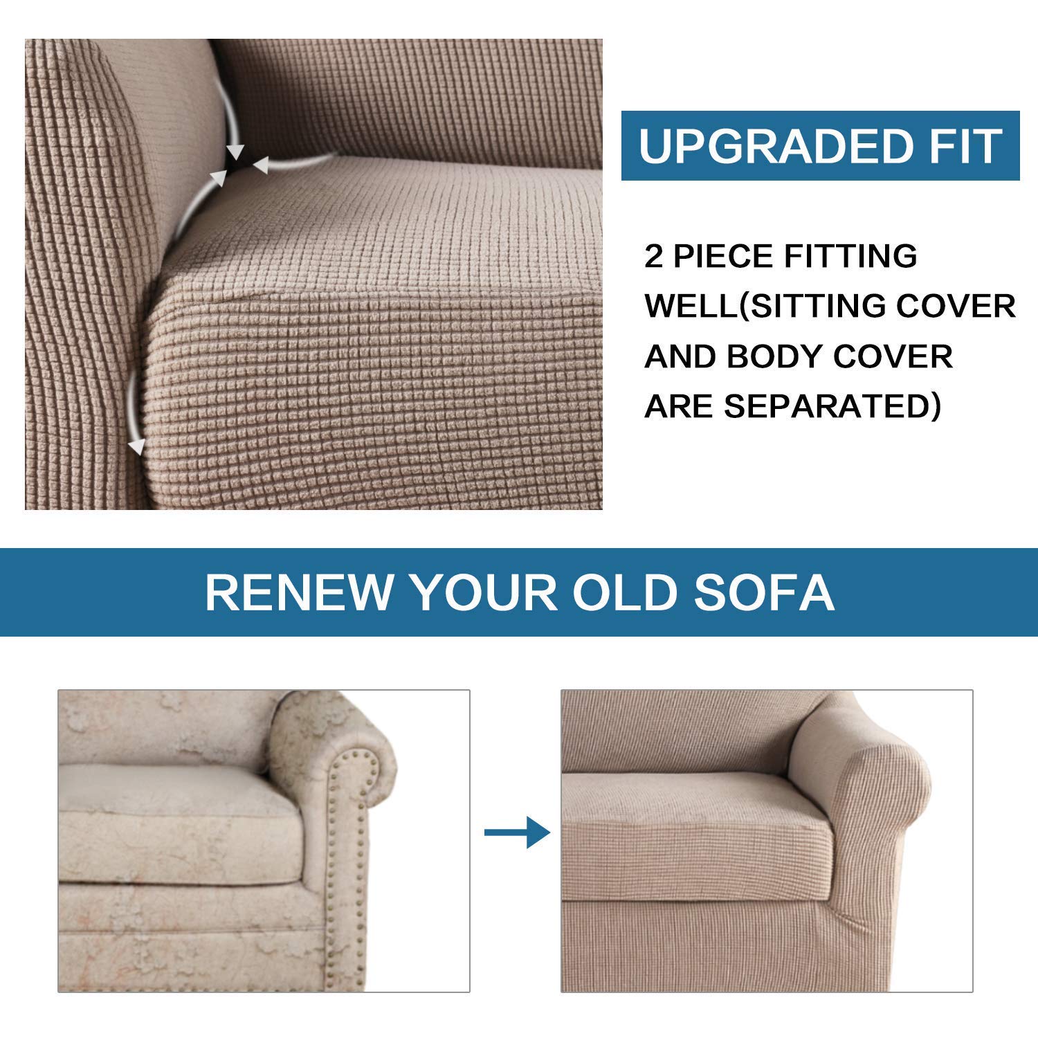 H.VERSAILTEX Stretch Sofa Covers for 3 Cushion Couch - 2 Piece Spandex Slipcover Set for Loveseat & Chairs (Sand) - Perfect for Living Room, Bedroom & Home Decor Protection